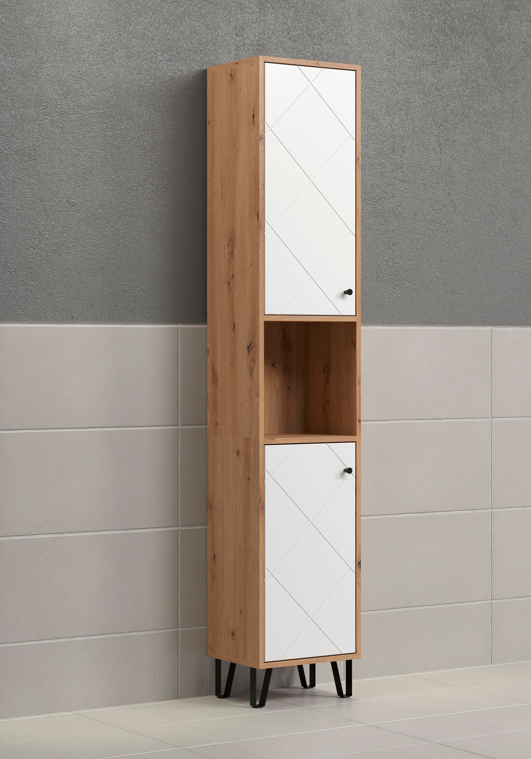 Places of Style Hochschrank »Tarragona«, (1 St.), Breite 36 cm, 2 Türen, Retro Metallfüße, matt, braune Holzoptik / weiß