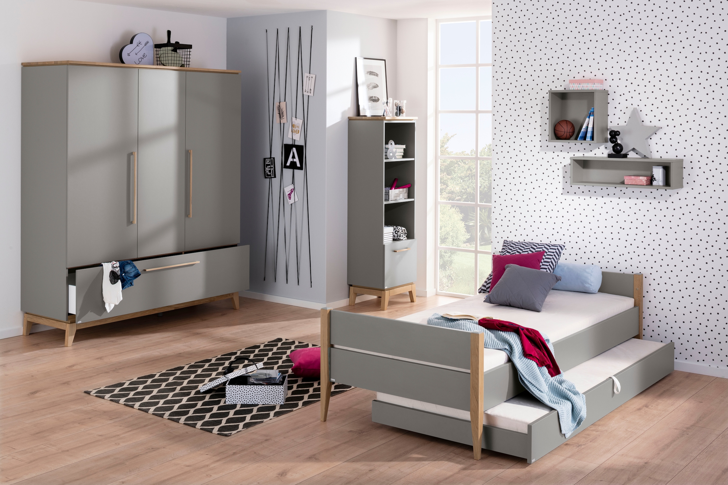 PAIDI Standregal »STIENE in Beige oder Grau, 3 offene Fächer, 1 Schublade mit Soft-Close« B/H/T ca. 48/161/40cm,  modernes und langlebiges Regal mit Massivholz, Highboard