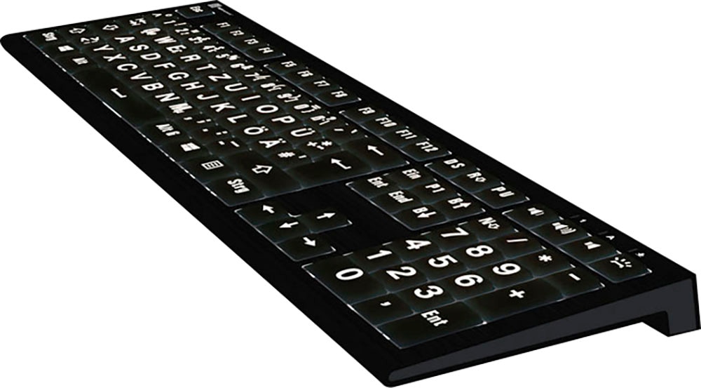Logickeyboard Tastatur »XL-Print Astra 2 White on Black DE (PC)«, (Multimedia-Tasten-USB-Hub-Ziffernblock)