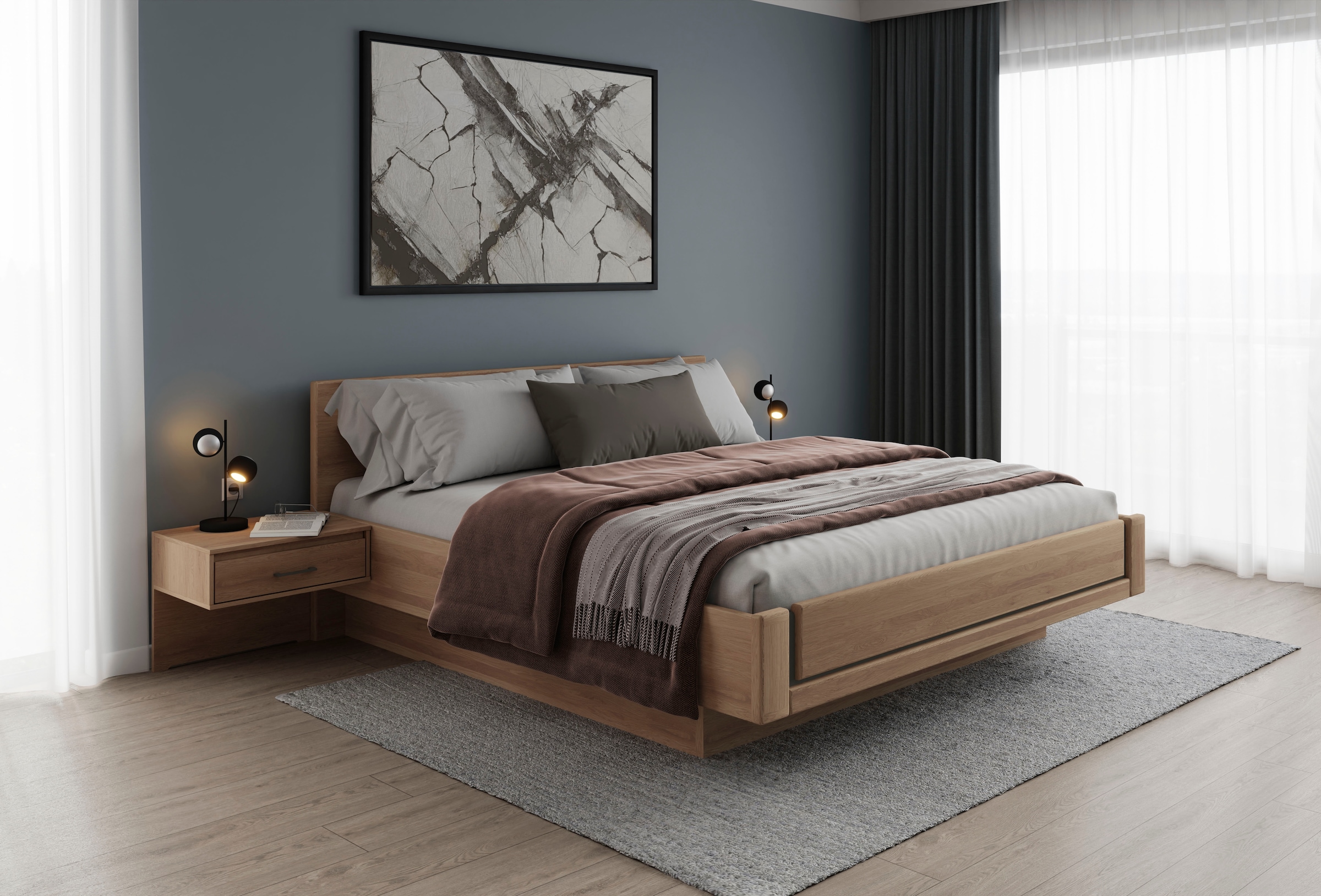 Musterring Holzbett »Sorrent, Bettgestell, Bettrahmen, teilmassiv Eiche«, (MADE IN GERMANY), Eiche teilmassiv, Liegehöhenverstellung, in schwebender Optik