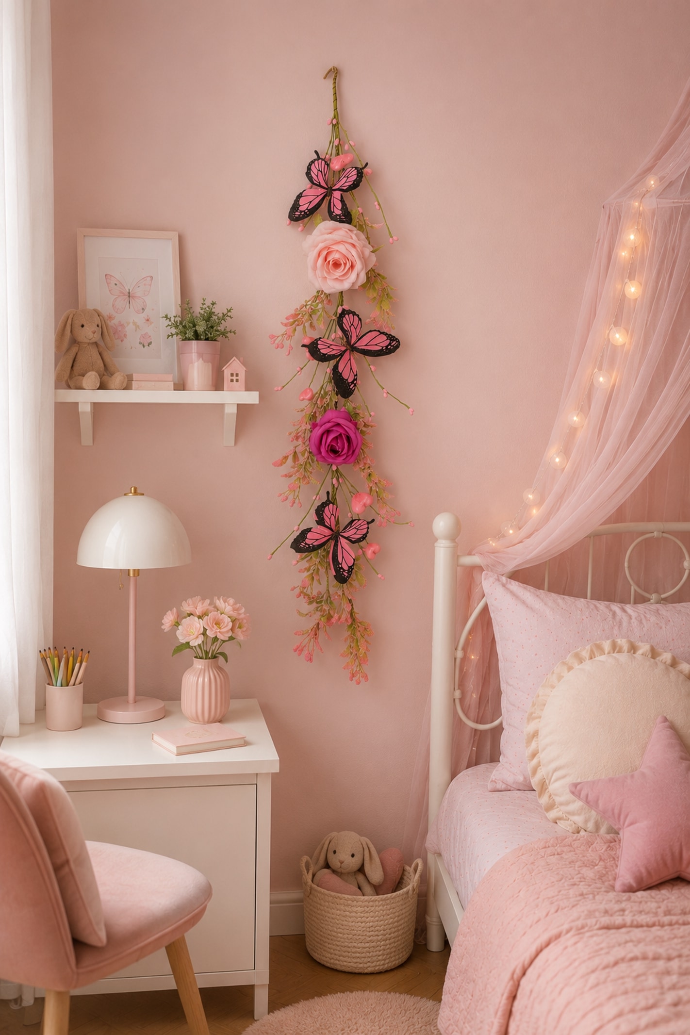 I.GE.A. Kunstblume »Blumengirlande mit Rosen und Schmetterlinge 80cm hängend Girlande« Blumen Künstlich Seidenblumen für Hochzeit Party Geburtstag Dekor