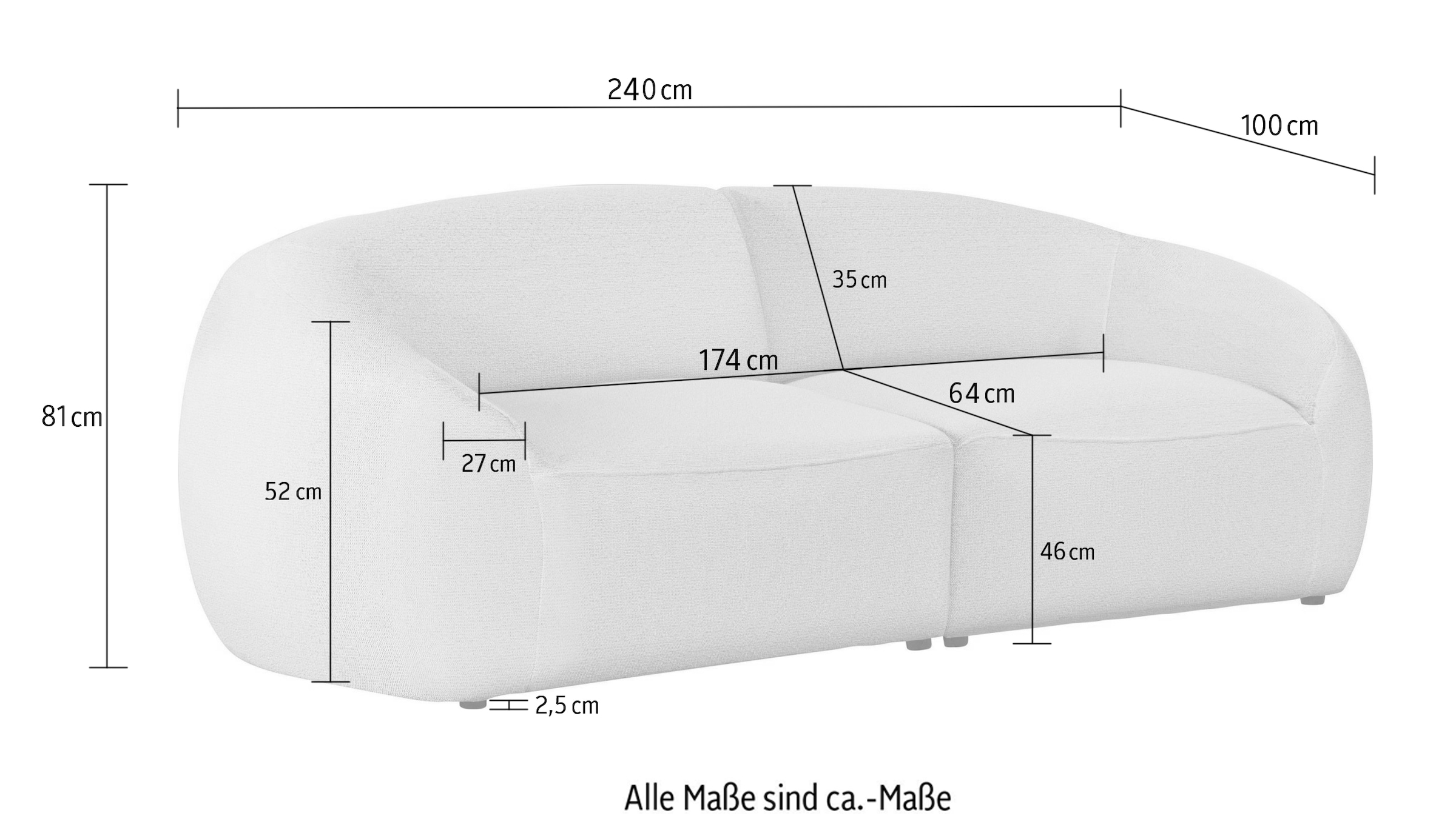 LeGer Home by Lena Gercke Big-Sofa »YANI, Designersofa, organische Form, Maße B/T/H: 240/64/81 cm«, mit Wellenunterfederung, auch in Bouclé, passend zur Serie