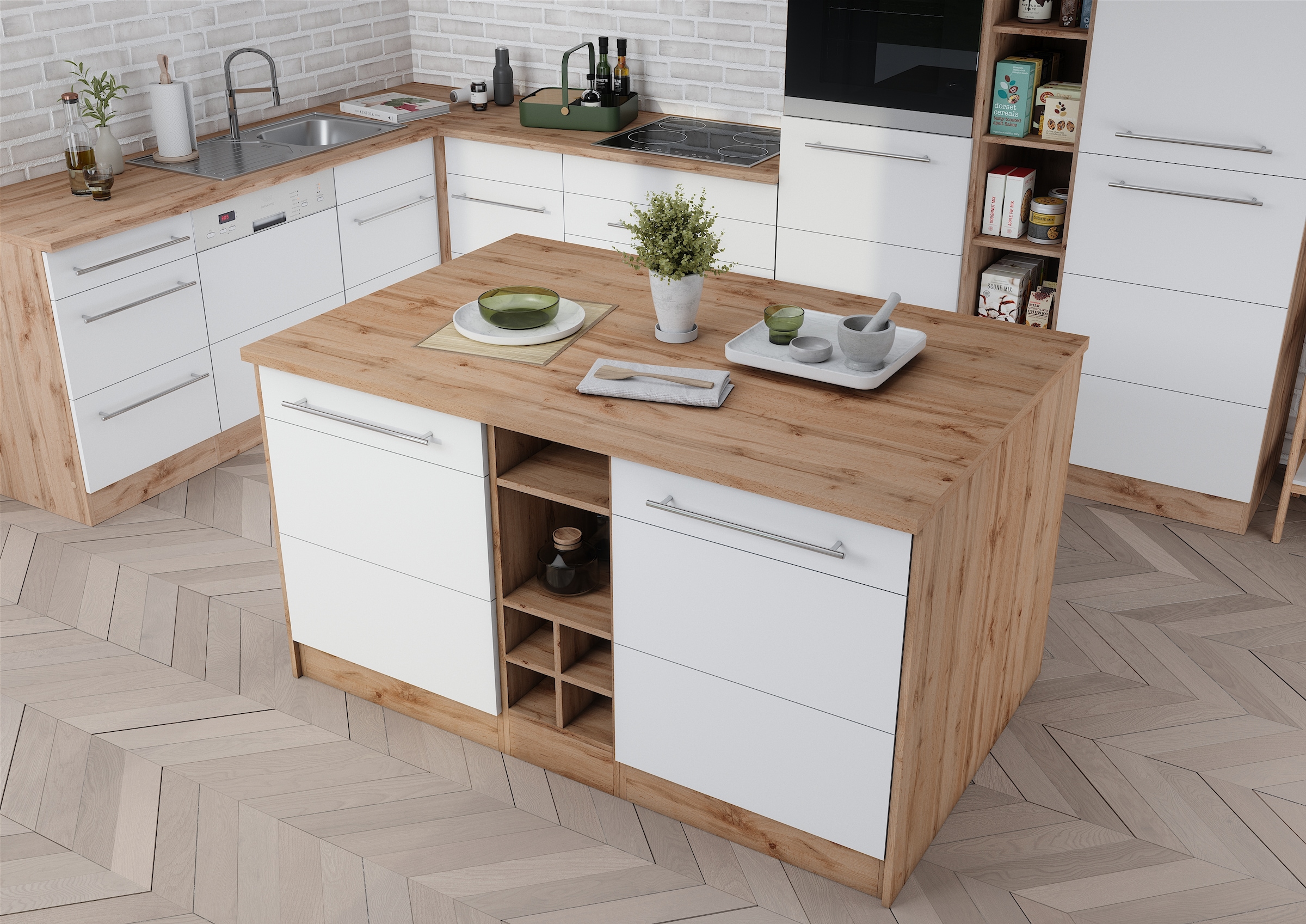 KOCHSTATION Kücheninsel »KS-Wien«, Breite 153 cm, MDF-Fronten, Flaschenregal