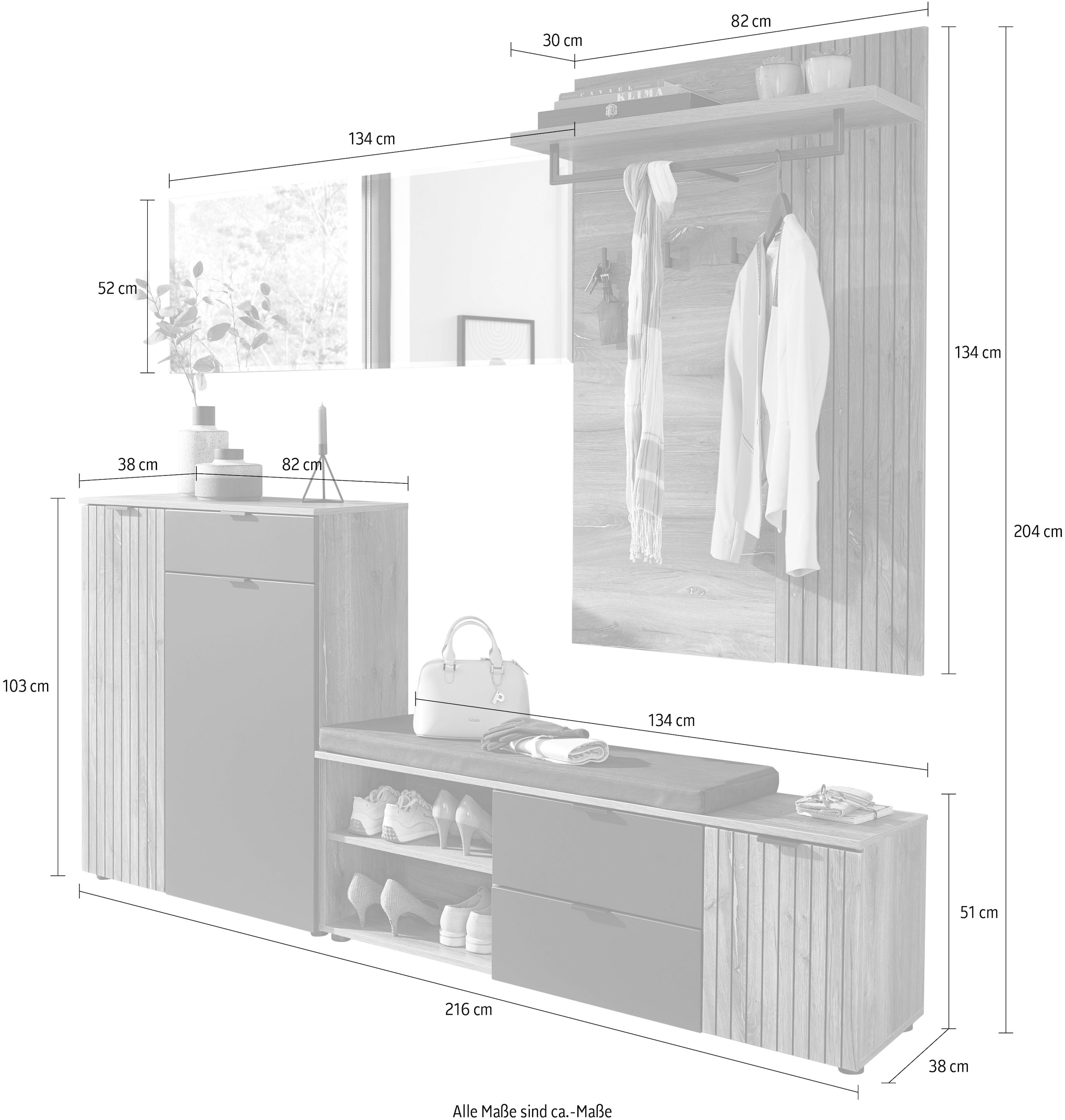 Innostyle Garderoben-Set »LINEA Garderoben Set,besteht aus 4 Typen, 216x204x38cm (B/H/T)«, (4 St.)