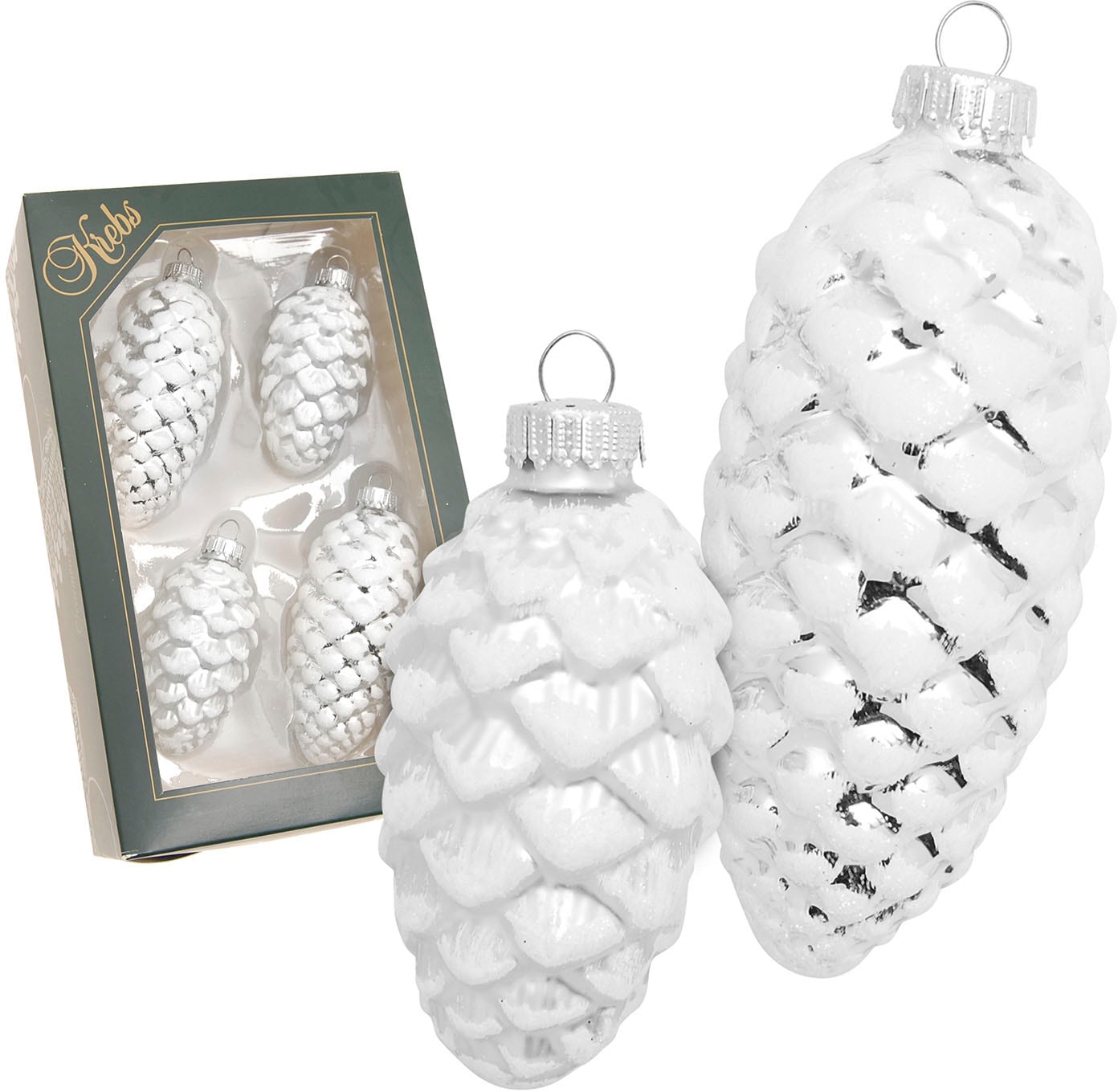 Krebs Glas Lauscha Christbaumschmuck »Glas-Tannenzapfen Silberfarben, mit Glitter, 2x Ø 8 cm + 2x Ø 10 cm«, (Set, 4 tlg.), Weihnachtsdeko, Weihnachtsbaumkugel, Christbaumkugeln aus Glas
