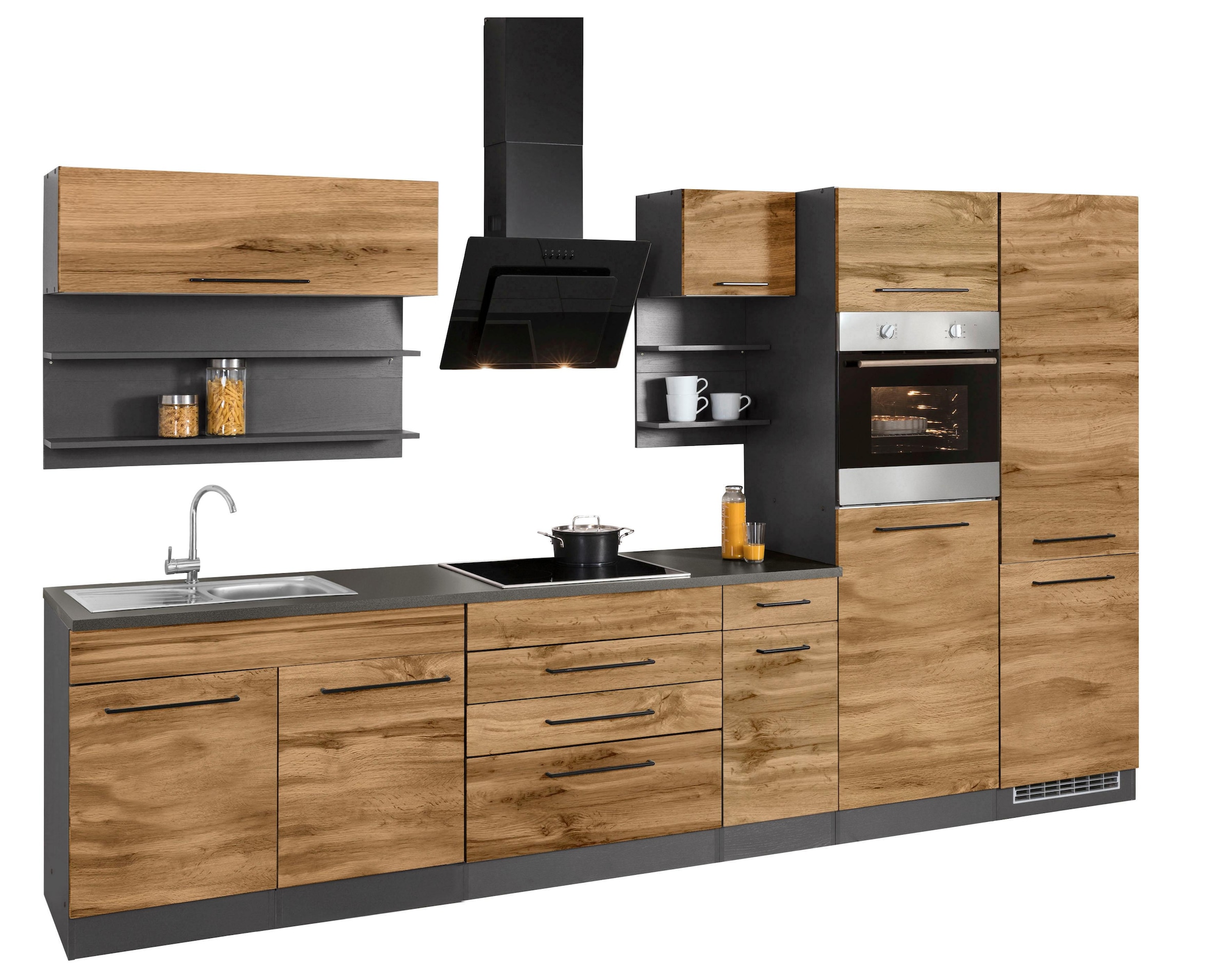 KOCHSTATION Küchenzeile »KS-Tulsa« ohne E-Geräte, Breite 350 cm, schwarze Metallgriffe, MDF Fronten