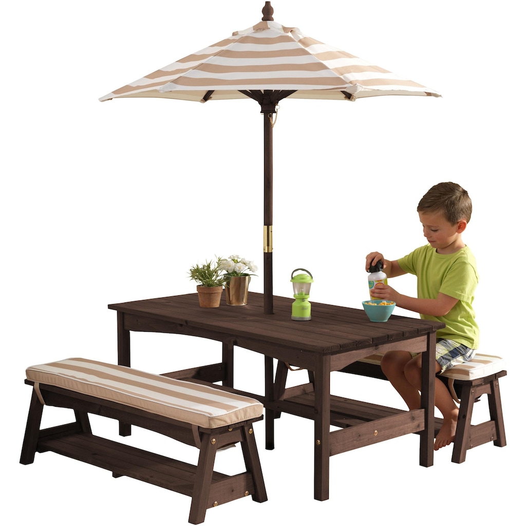 KidKraft® Kindersitzgruppe »Gartentischset dunkelbraun«, mit Sitzauflagen und Sonnenschirm, beige-weiß gestreift