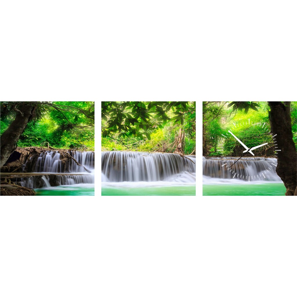 Conni Oberkircher´s Bild mit Uhr »Waterfall in the Forest - Wasserfall im Wald«, Wasserfall, (Set, (Set 3), mit dekorativer Uhr, Entspannung, Wellness, Urlaub