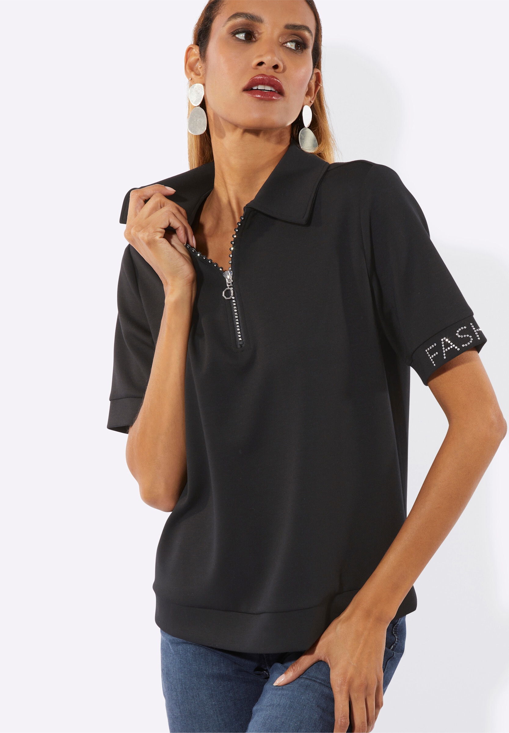 creation L Sweatshirt »Modal-Mix-Sweatshirt Poloshirt mit Glitzersteinchen«
