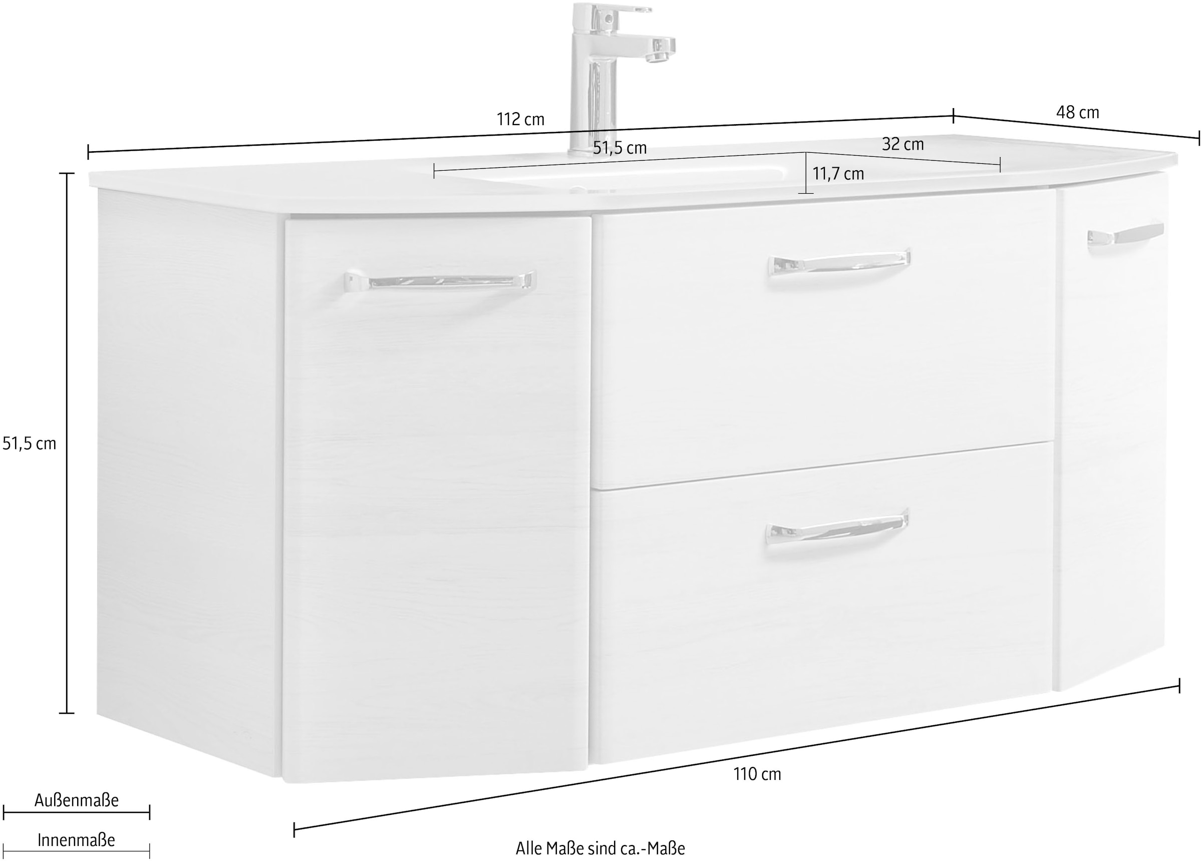 Saphir Waschtisch »Quickset Waschplatz inkl. Glaswaschtisch, 112 cm breit, 2 Türen«, Unterschrank mit Waschbecken, inkl. Türdämpfer, Griffe Chrom Glanz