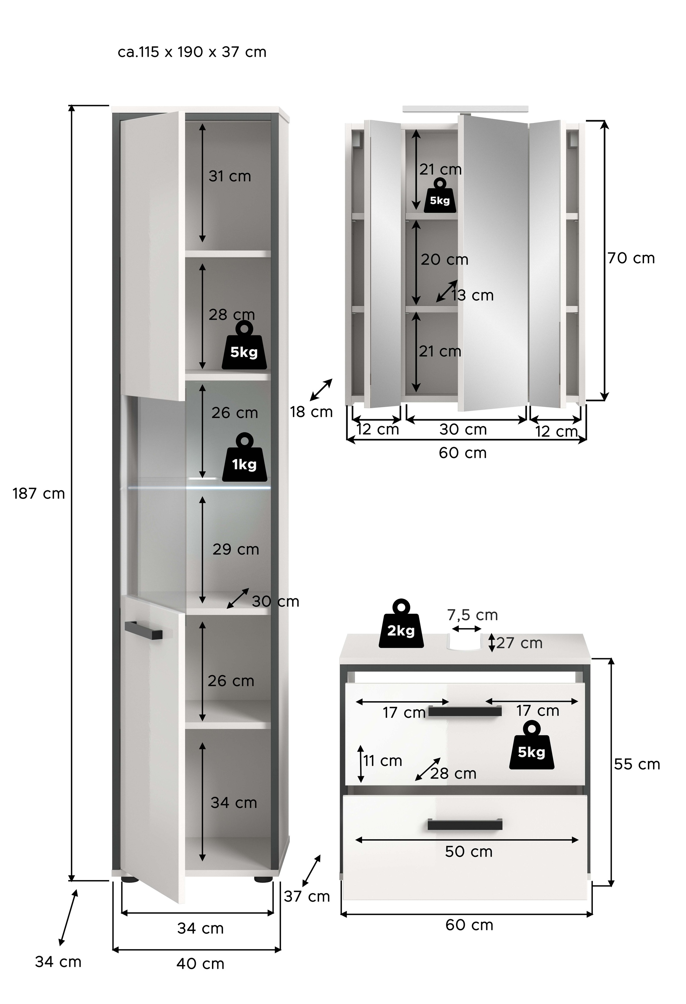 welltime Badmöbel-Set »KAJO, 3-tlg. Badkombination, weiß hochglanz, inkl. Beleuchtung« Set, Set, best. aus: Hochschrank, WBU, Spiegelschrank, Beleuchtung, 5 Stk. tlg.