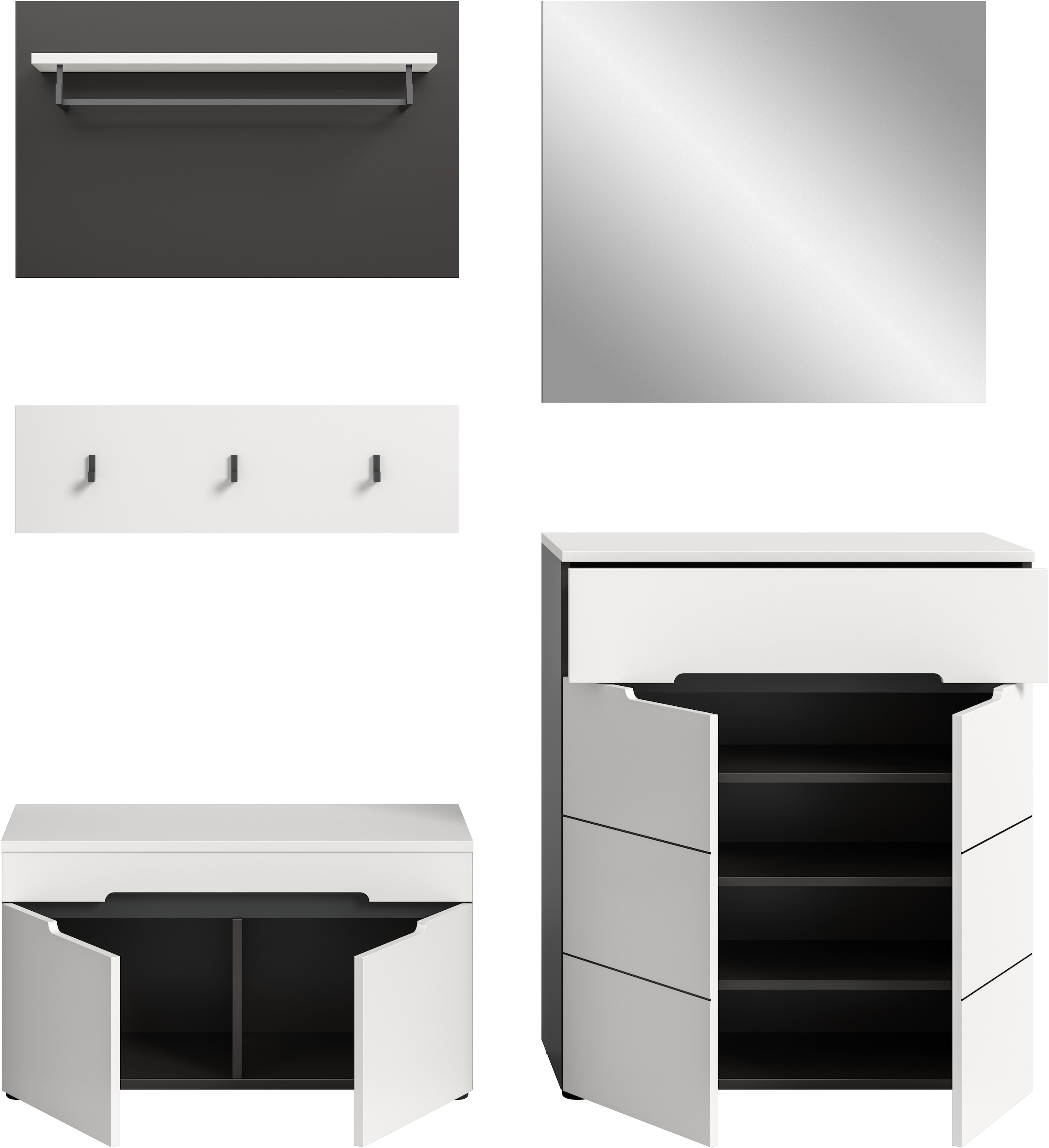 Home affaire Garderoben-Set »REHAT, TOPSELLER!, 5-teilig, Breite 175cm, individuell stellbar« bestehend aus: Sitzbank, Paneel, Hakenleiste, Spiegel, Kommode, 4 Stk. tlg.