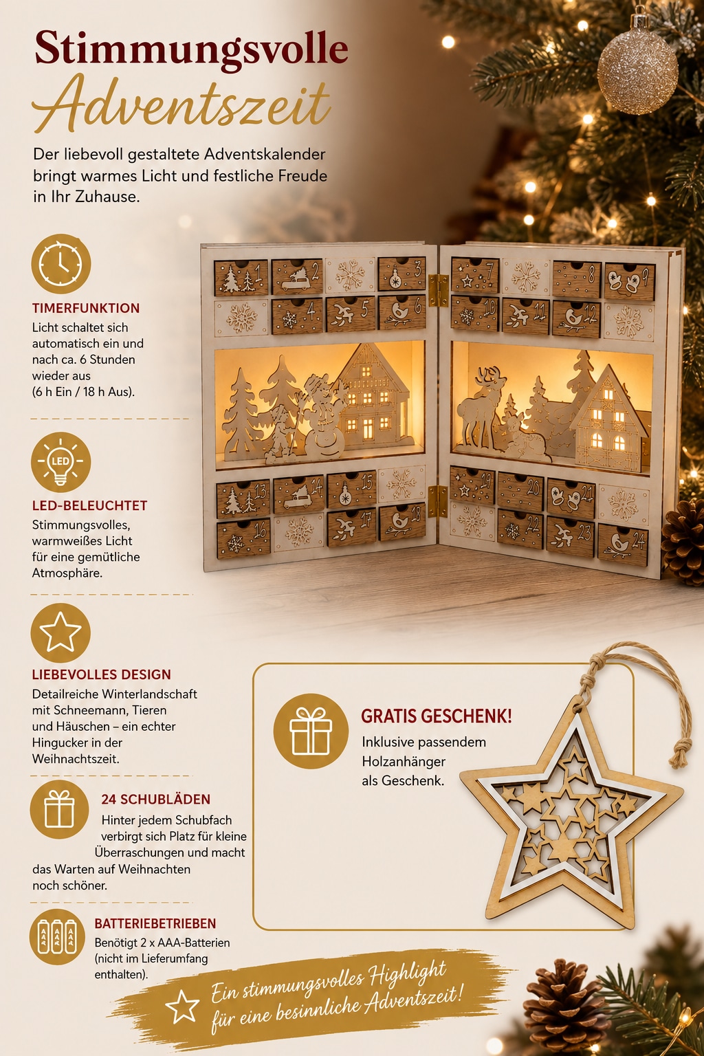 OTTO home befüllbarer Adventskalender »Adventskalender« für Erwachsene Mit Beleuchtung und 6h-Timer, winterliche Motive, Höhe 22 cm
