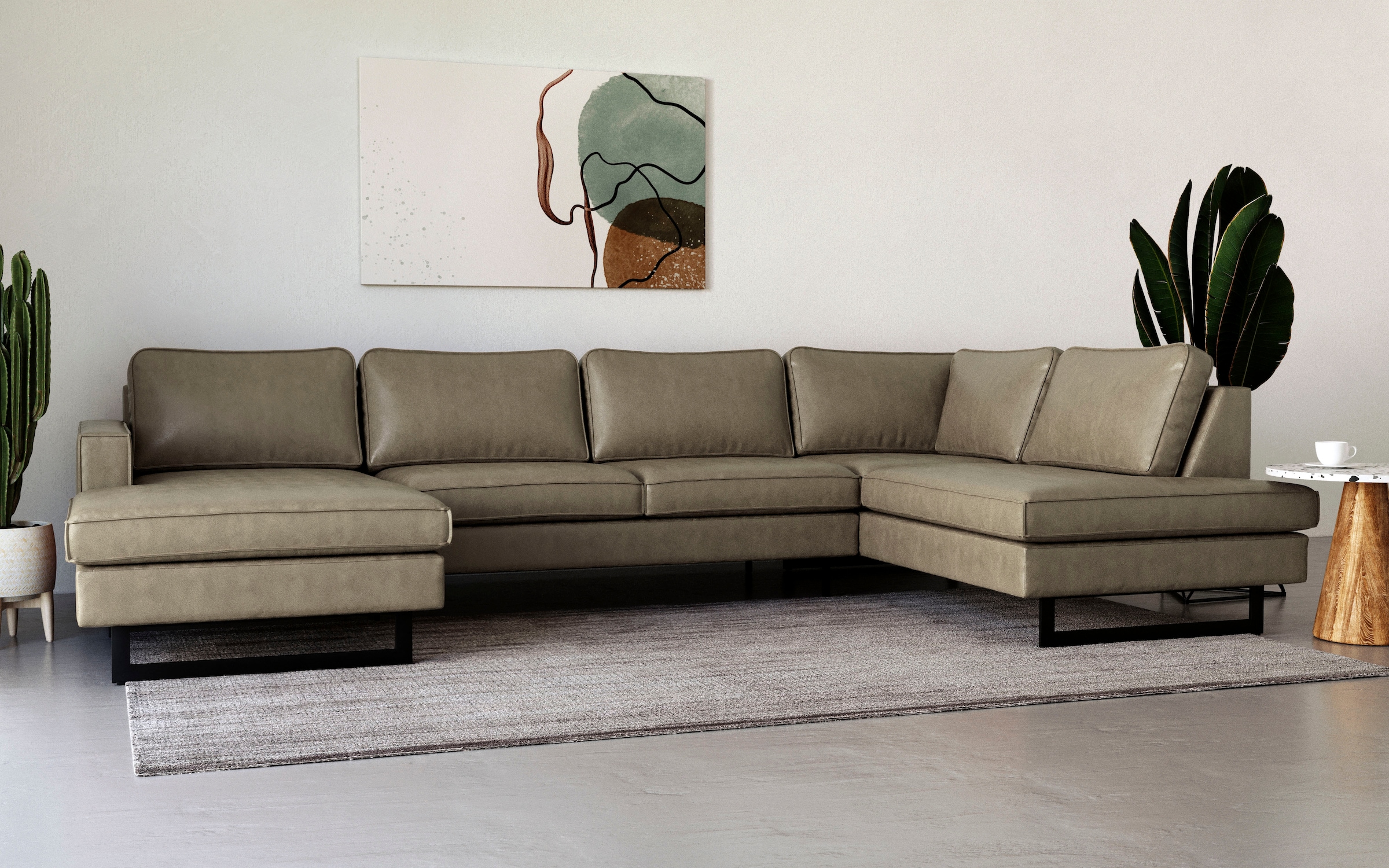 Places of Style Wohnlandschaft »Pinto, 350 cm, U-Form, XXL, mit Ottomanen«, Cord, Chenille, Lederoptik, mit Keder, Metallfüße, Wellenunterfederung