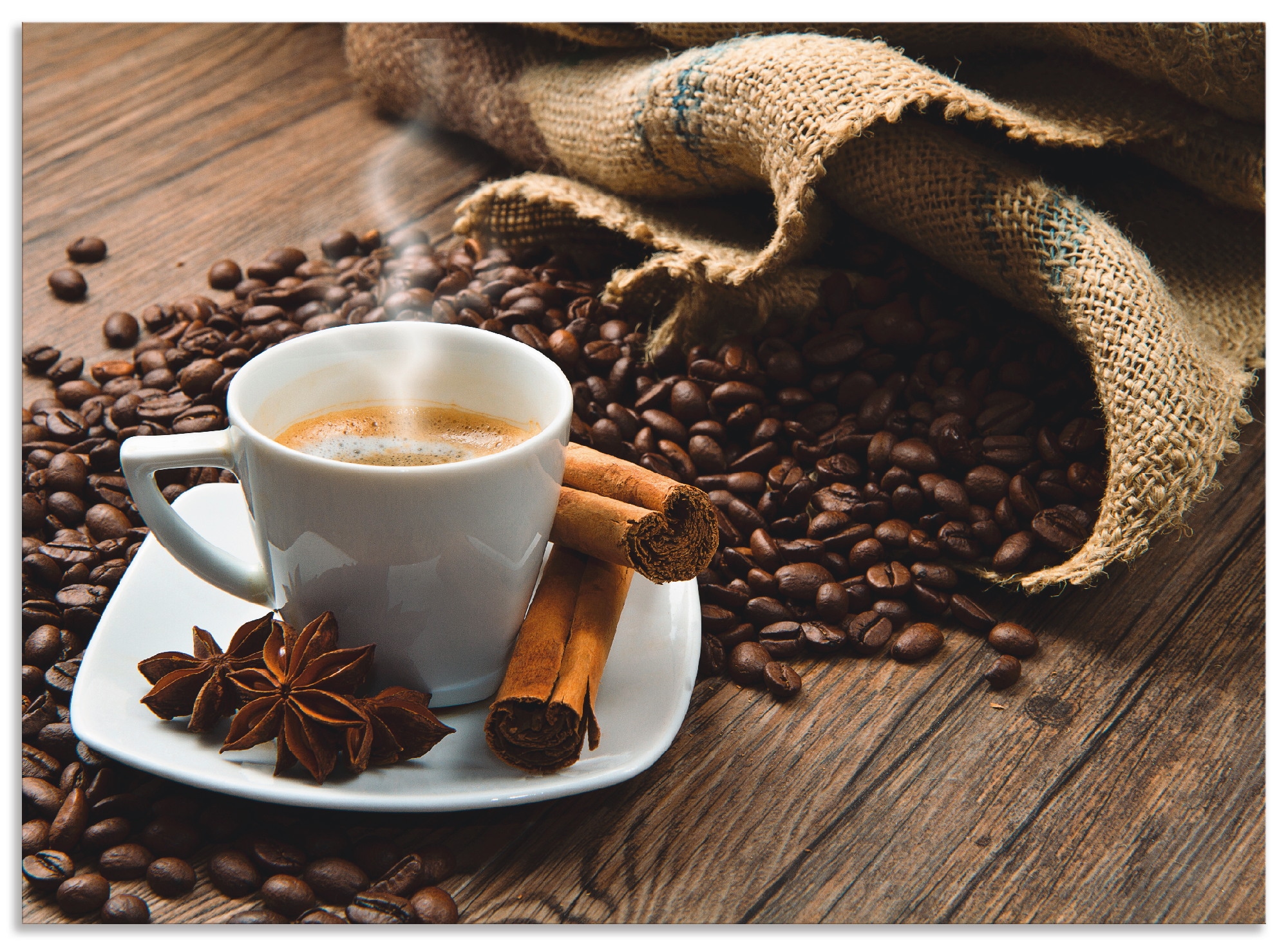 Artland Küchenrückwand »Kaffeetasse Leinensack mit Kaffeebohnen«, (1 tlg.), Alu Spritzschutz mit Klebeband, einfache Montage
