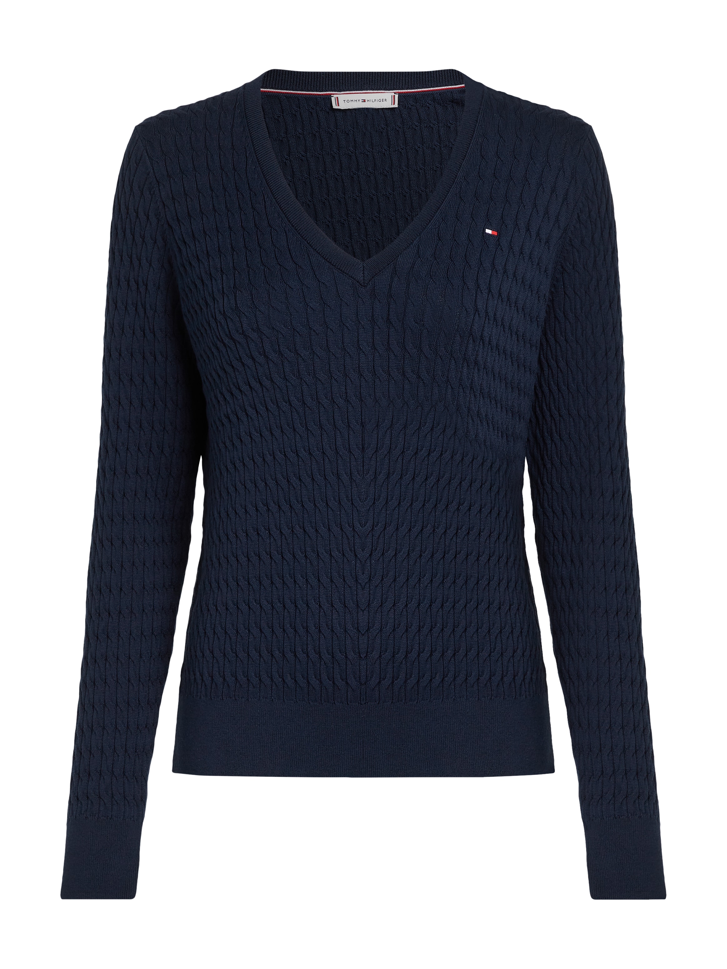 Tommy Hilfiger Strickpullover »CO CABLE FINE GG V-NK LS SWT« Baumwolle, mit Zopfmuster