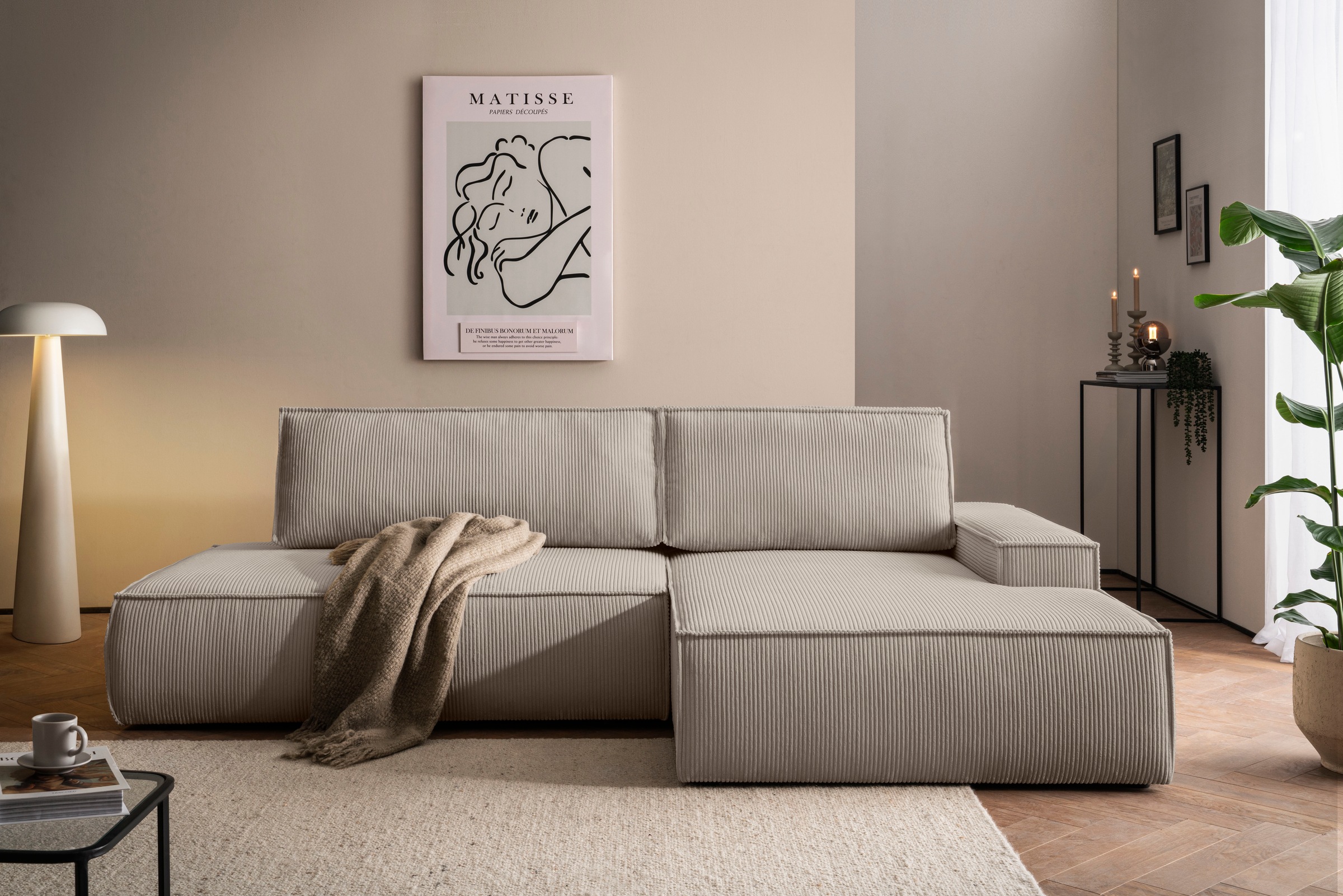Home affaire Ecksofa »SHERWOOD, Schlafsofa in L-Form offen (275cm), Cord, Leinenoptik«, Schlaffunktion und Bettkasten, Kedernaht, hoher Sitz- & Liegekomfort