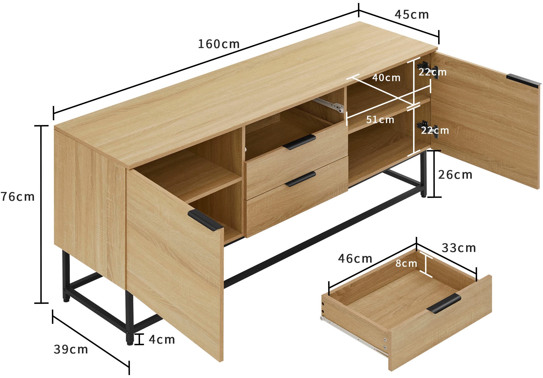 OTTO home Sideboard »Tayler« pflegeleichte Melaminoberfläche, Metallgestell, Breite 160 cm