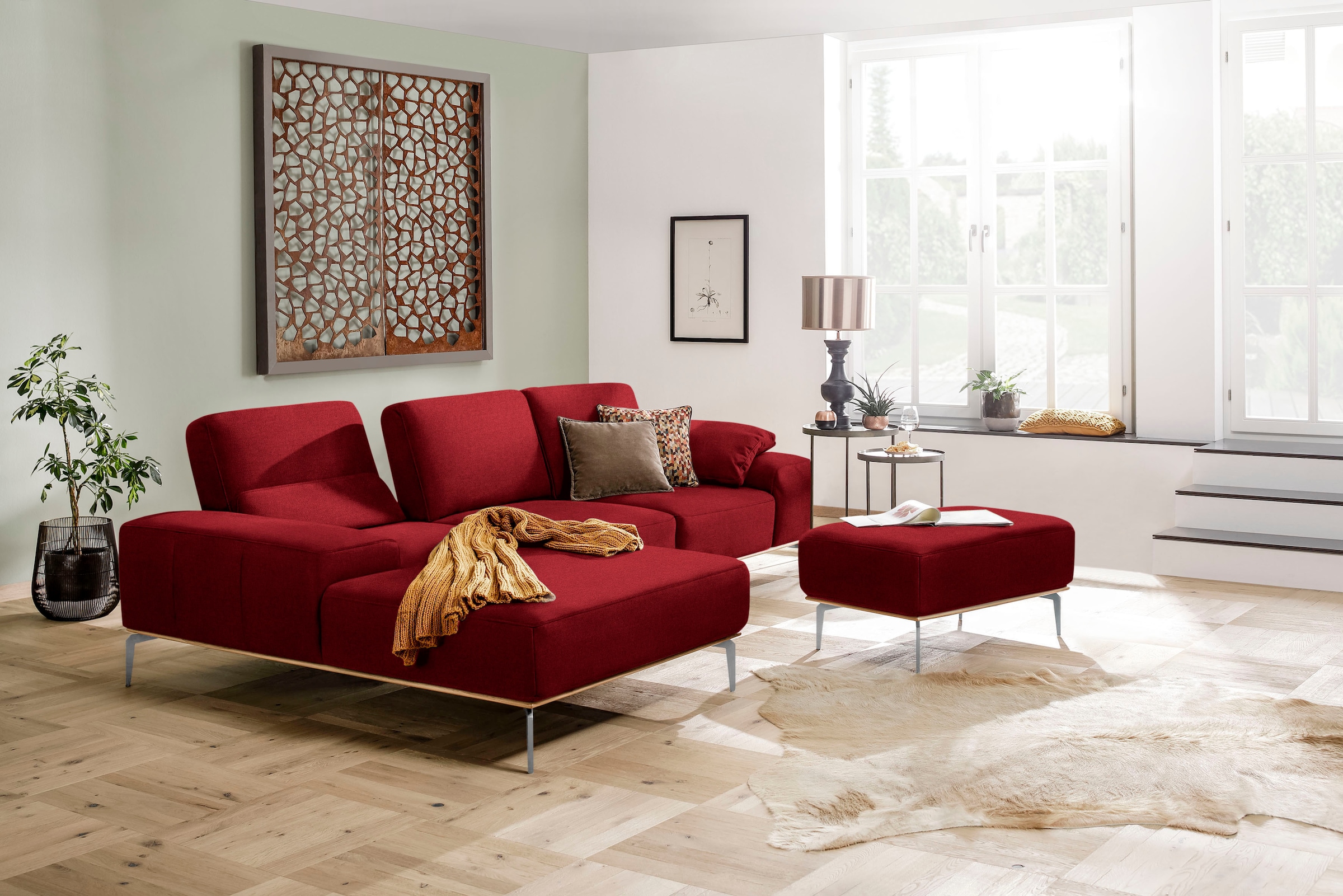 W.SCHILLIG Polsterhocker »run« mit elegantem Holzsockel, Füße in Chrom glänzend, Breite 75 cm