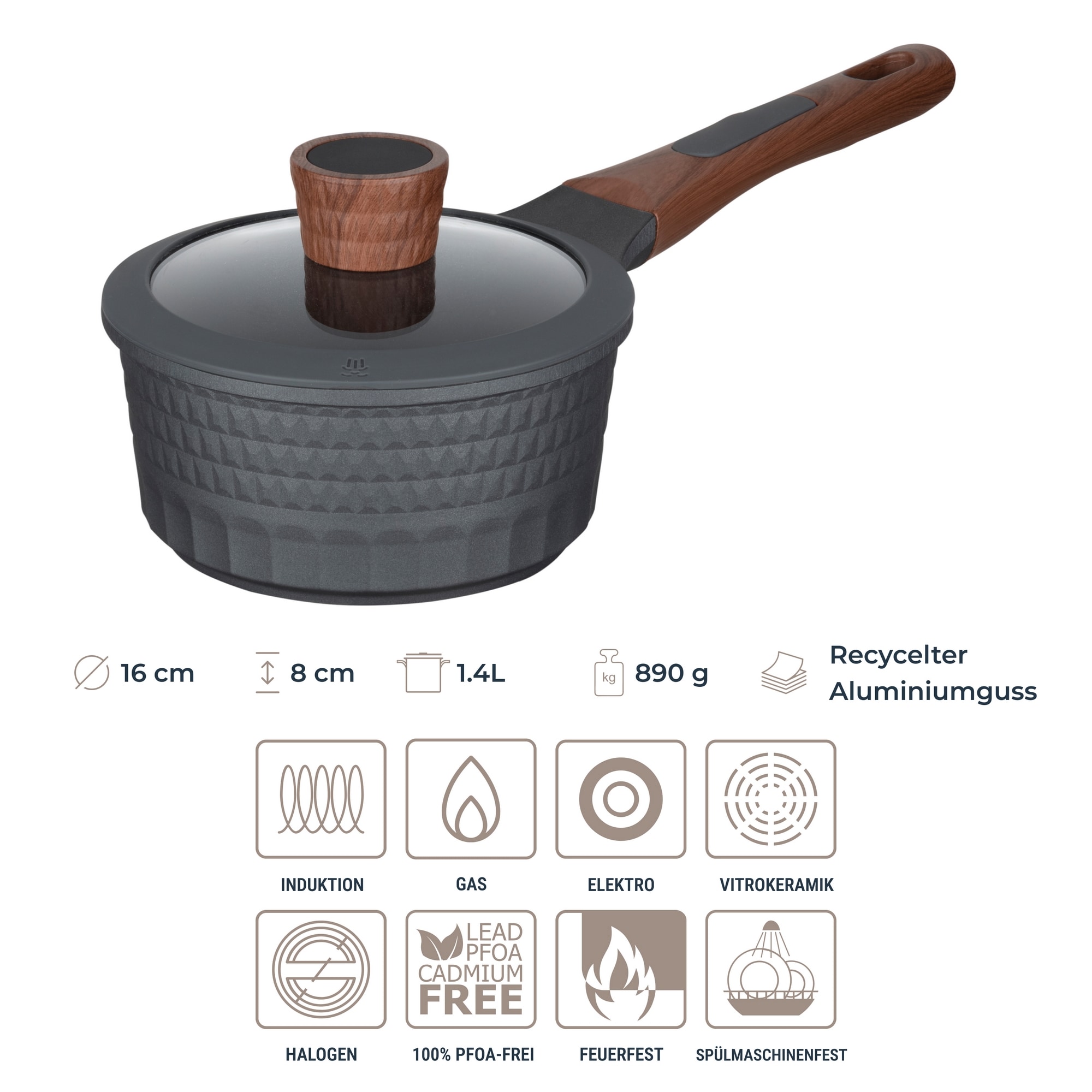 RESTO Kitchenware Topf-Set »Capella mit Deckel, antihaftbeschichtet und spülmaschinenfest« Set, 1x Stielkasserolle Ø 16 cm, je 1x Bratentopf Ø 24 cm + Ø 28 cm, 6 Stk. tlg. Aluminiumguss