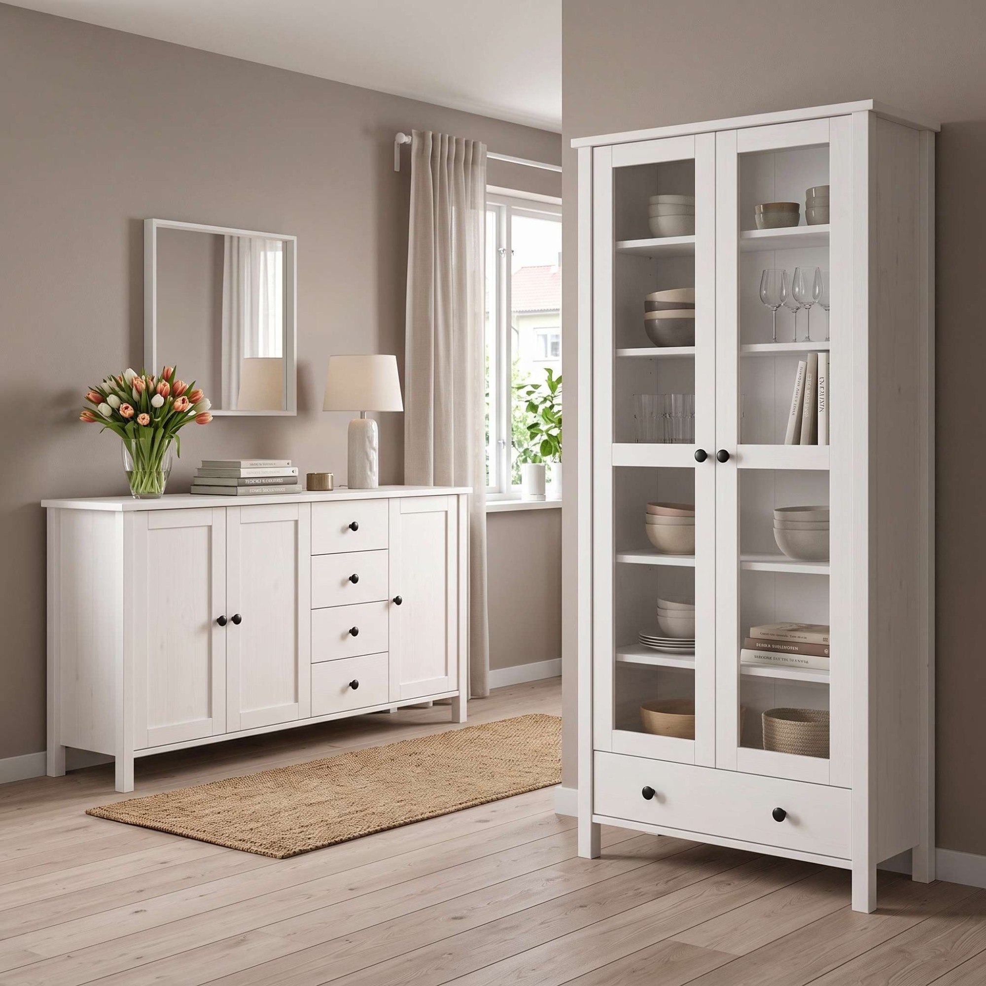OTTO home Vitrine »Mikkeli Glasvitrine mit 1 Schubkasten, Knopfgriffen aus Metall« aus massiver FSC®-zertifizierter Kiefer, moderner Landhausstil