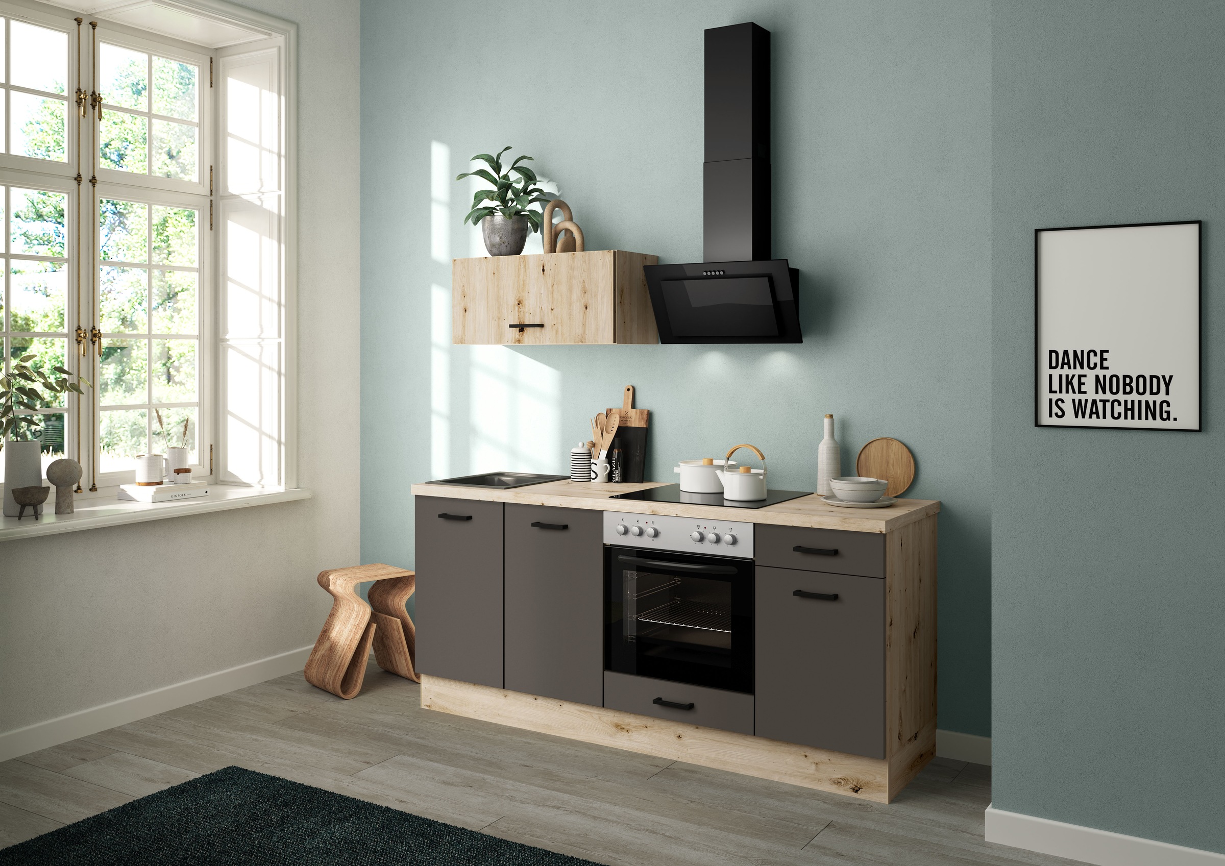 IMPULS KÜCHEN Küchenzeile »"Lissabon", Ausrichtung wählbar, Schubkästen mit Soft-Close,«, (Set), vormontiert, wahlweise mit E-Geräten, mit Vollauszug, Breite 195 cm