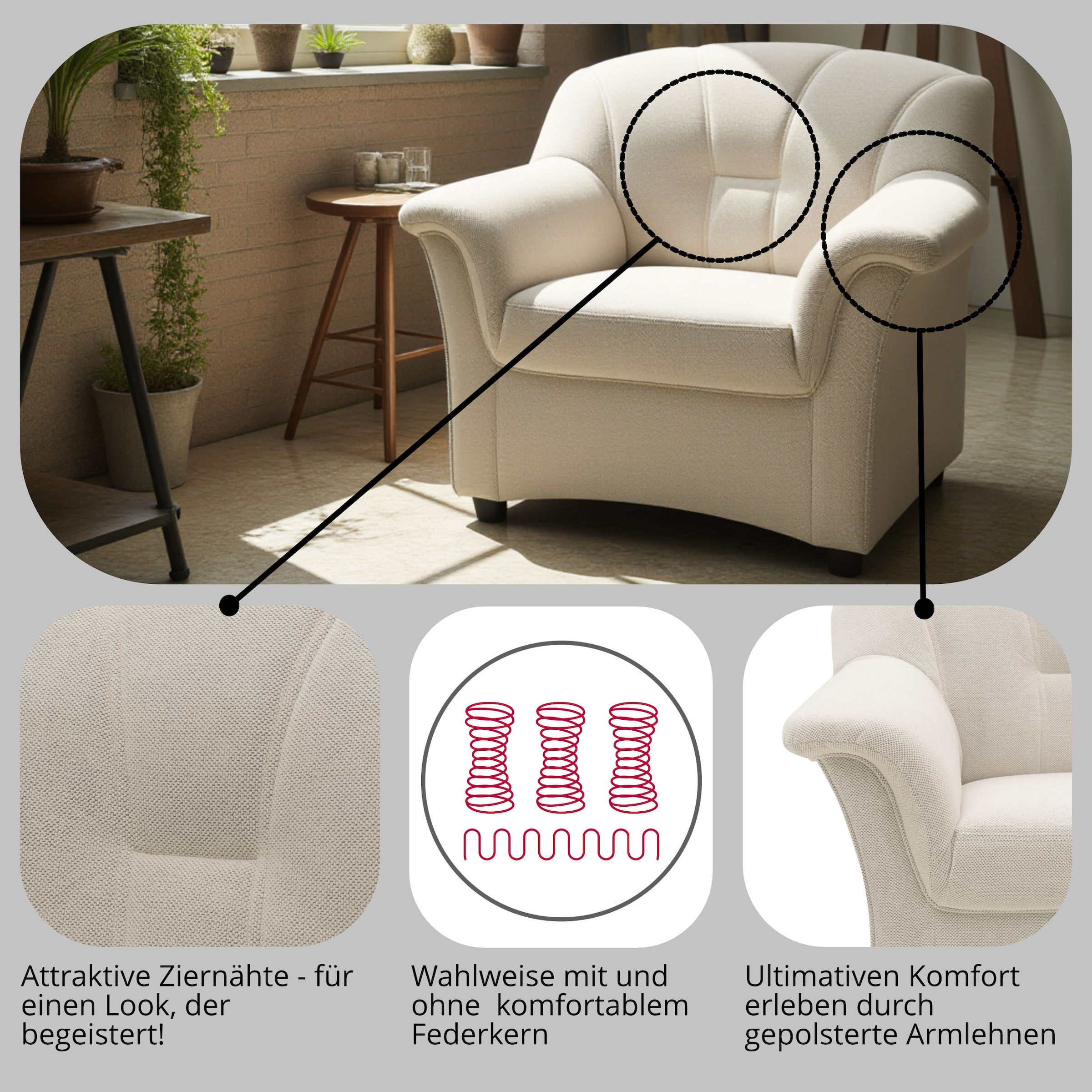 DOMO collection Sessel »Flores«, wahlweise mit Federkern (nicht bei Microfaser PRIMABELLE®-Struktur)