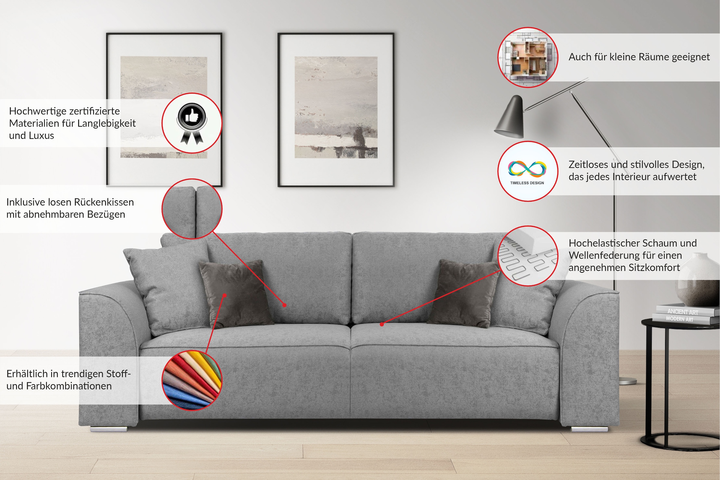 OTTO home 3-Sitzer »BEATRICE, B: 250 cm - wahlweise mit Bettfunktion« u. Bettkasten, incl. 2 Zierkissen