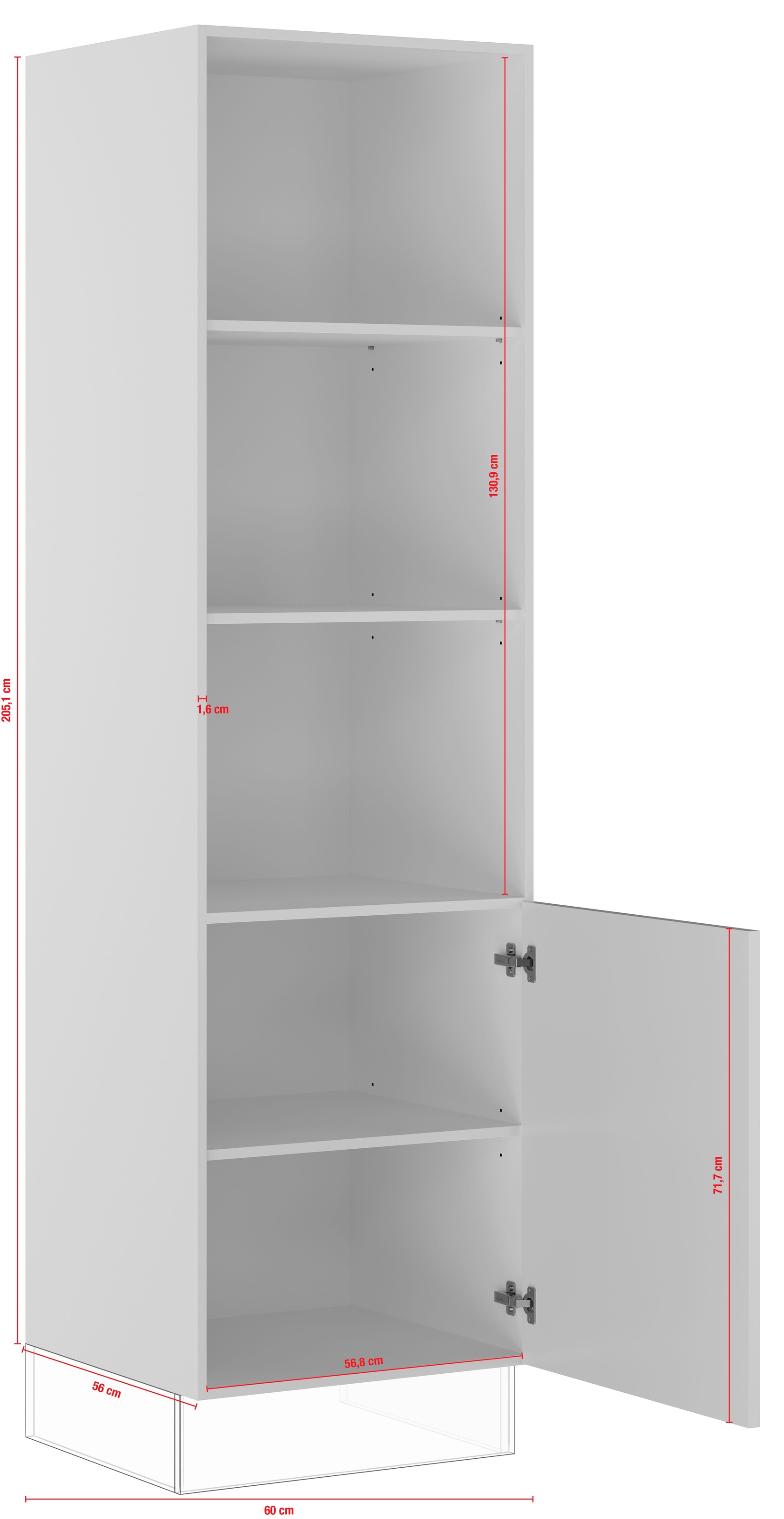 IMPULS KÜCHEN Seitenschrank »"Prag", Breite/Höhe: 60/205,1 cm« vormontiert, mit Drehtür, mit verstellbaren Fachböden