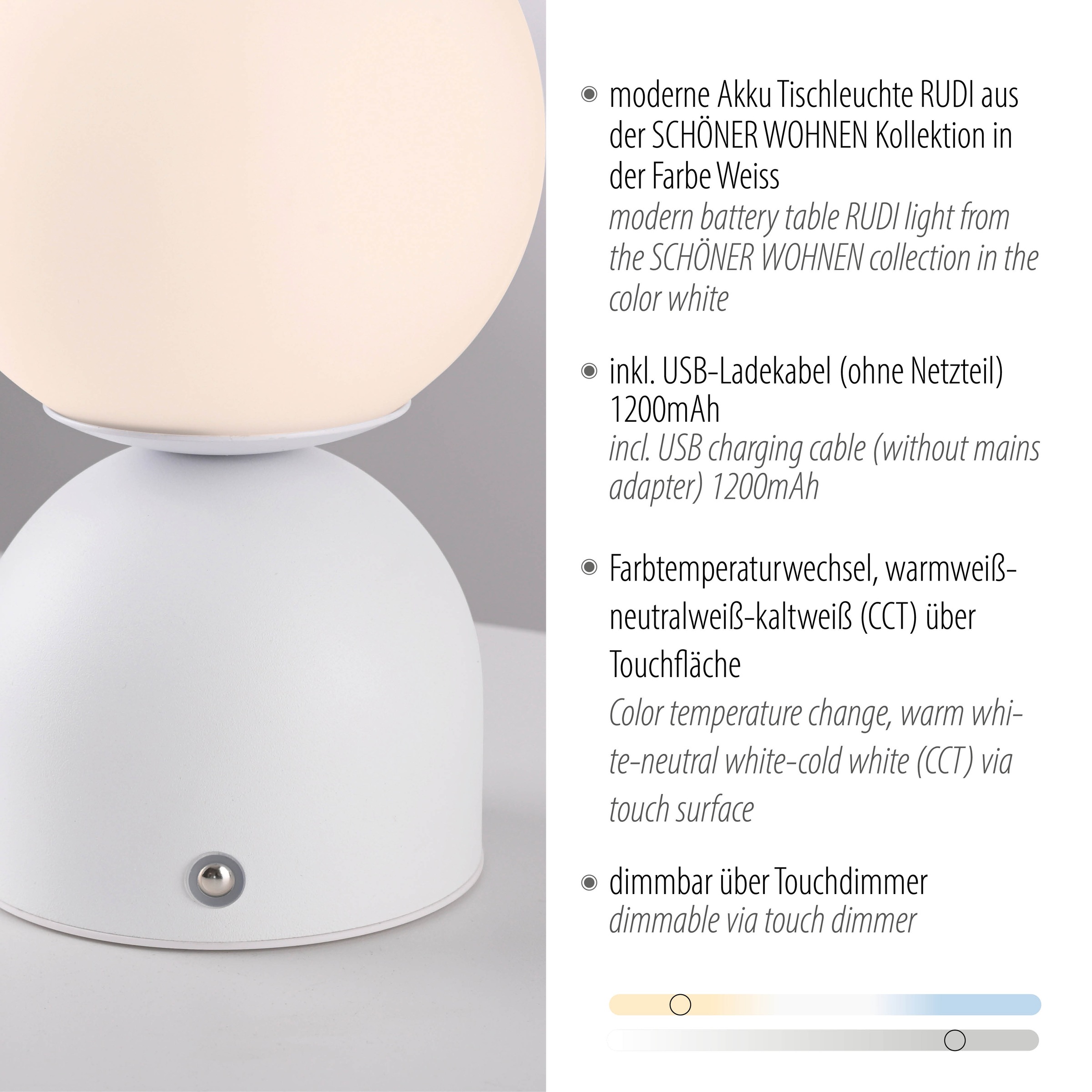 SCHÖNER WOHNEN-Kollektion LED Tischleuchte »RUDI« LED-Board 1 Stk. warmweiß - kaltweiß SCHÖNER WOHNEN Kollektion, CCT 3000-6000K, Touchdimmer, Memoryfunktion