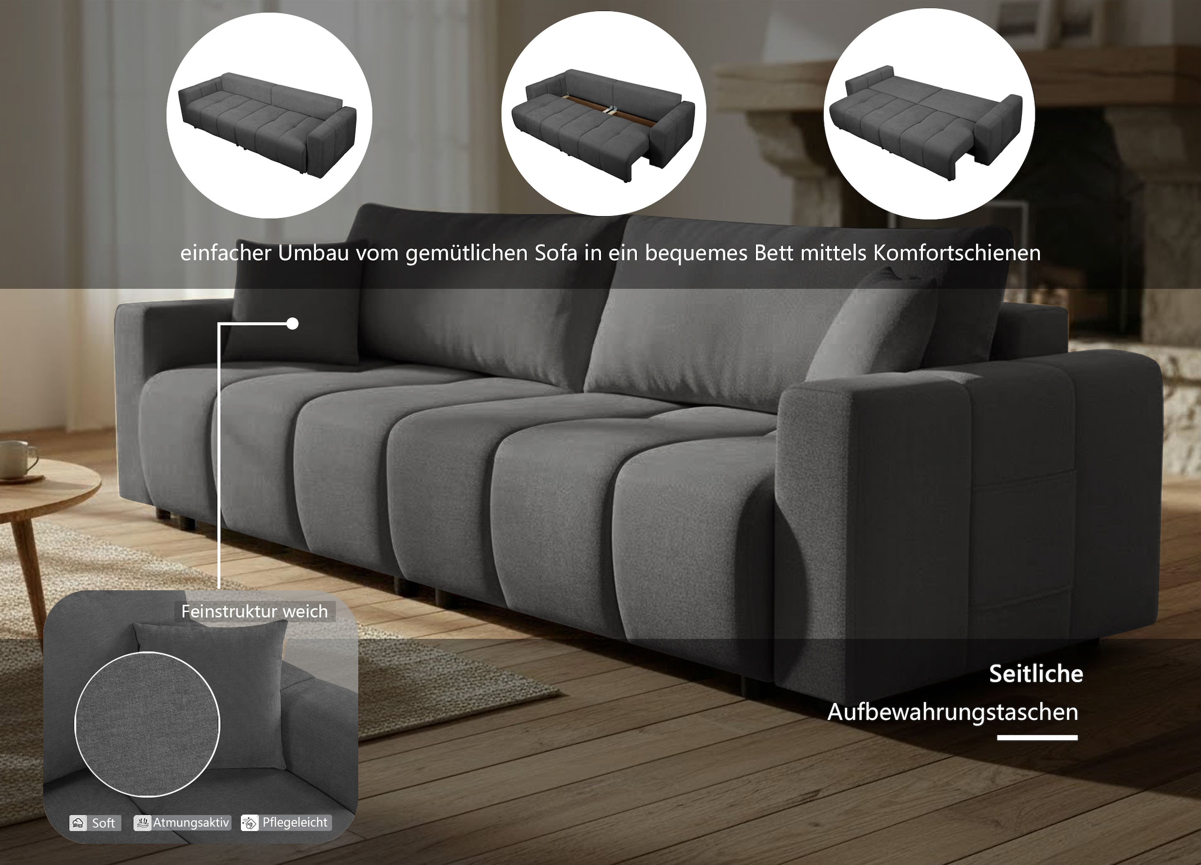 OTTO home Schlafsofa »YLVAA 3-Sitzer, 239cm/Schlafsofa (132/198)-OTTO. Verlässliche Qualität« Tonnentaschen-Federkern, Bettkasten, Feinstruktur weich