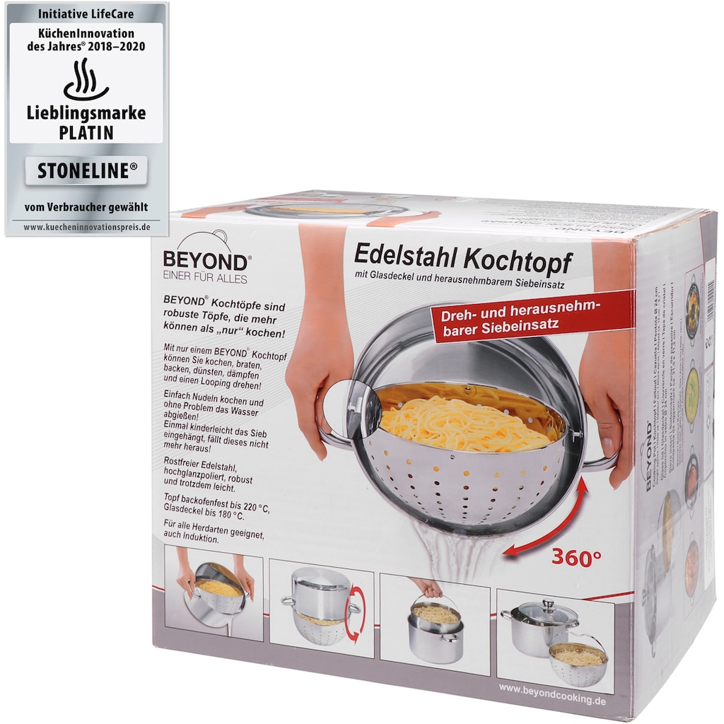 BEYOND Topf-Set, Edelstahl 18/8, (Set, 3 tlg., 1 Kochtopf mit Glasdeckel Ø 24 cm, 1 Siebeinsatz Ø 21,5 cm)