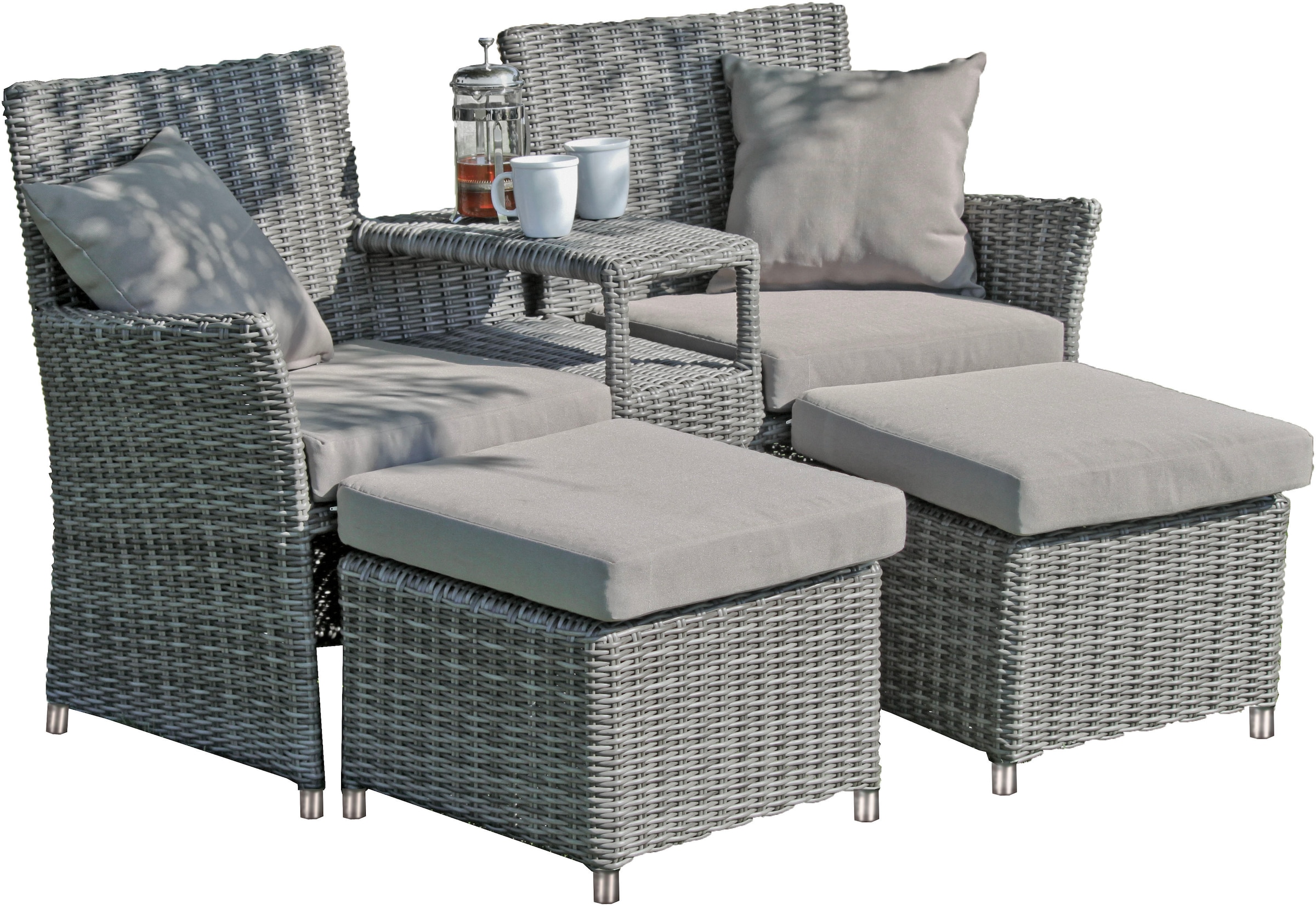 Garden Pleasure Gartensessel »CALGARY« Set,  Doppelsessel mit integriertem Tisch, 2 Hockern und Auflagen