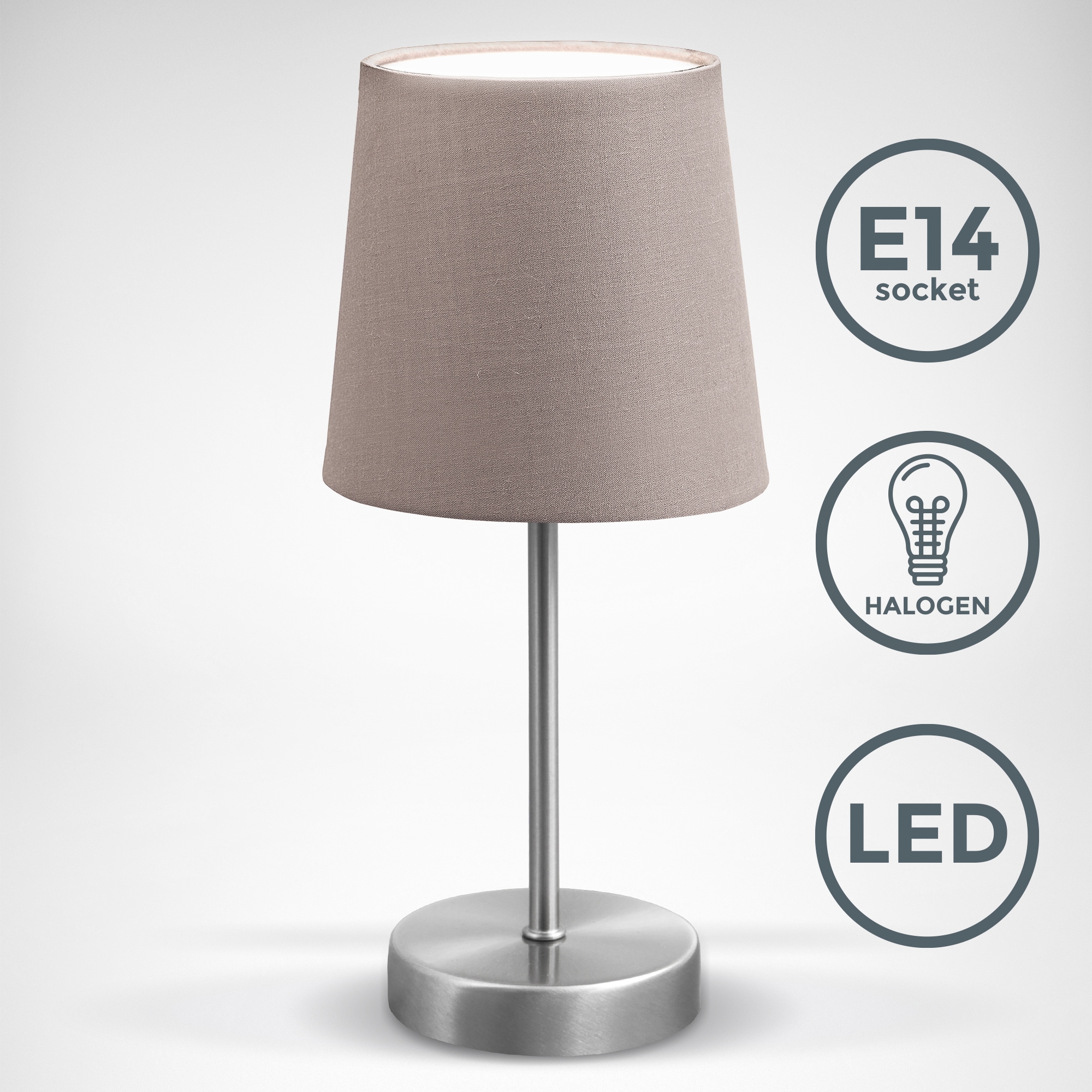 B.K.Licht Tischleuchte, 1 flammig, Leuchtmittel E14 | ohne Leuchtmittel, LED Nachttischlampe mit Schalter E14 IP20 Stoff taupe matt-nickel
