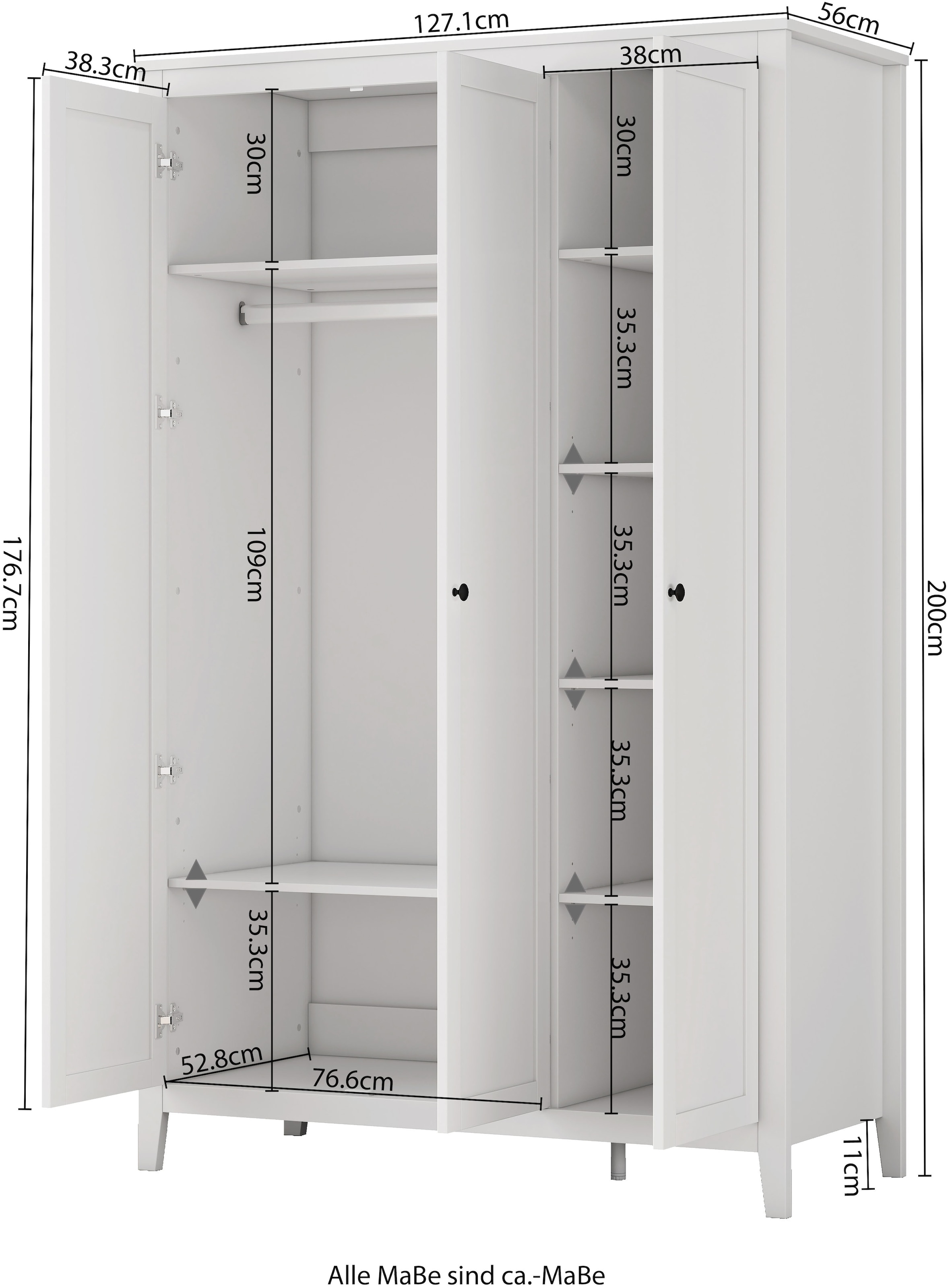 OTTO home Kleiderschrank »Borkum Schlafzimmerschrank Garderobe Landhaus Bestseller weiß« hochwertige schwarze Griffe aus Metall,  Schlafzimmerschrank mit 6 Böden und Kleiderstange, 3 Türen