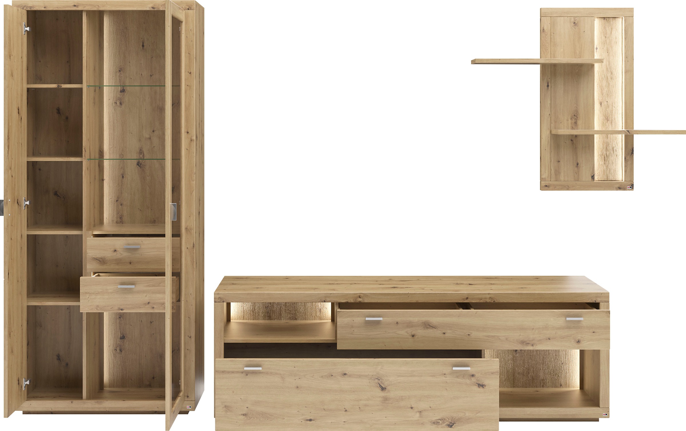 set one by Musterring Wohnwand »Chandler«, (Set, 3-St), Eiche Artisan, Maße (BxHxT) 337 x 205,4 x 49,9 cm