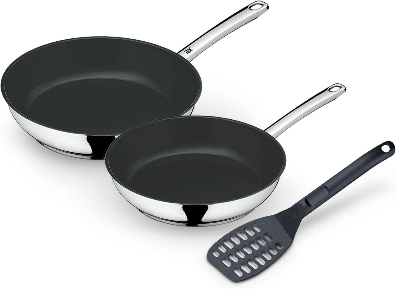 WMF Pfannen-Set »Devil, Edelstahlpfanne Induktion mit Antihaftversiegelung« Cromargan® Edelstahl Rostfrei 18/10 Set, 2x Bratpfannen Ø 24/28 cm, 1x Pfannenwender, 3 Stk. tlg. TransTherm®-Allherdboden, für alle Herdarten, inkl. Pfannenwender