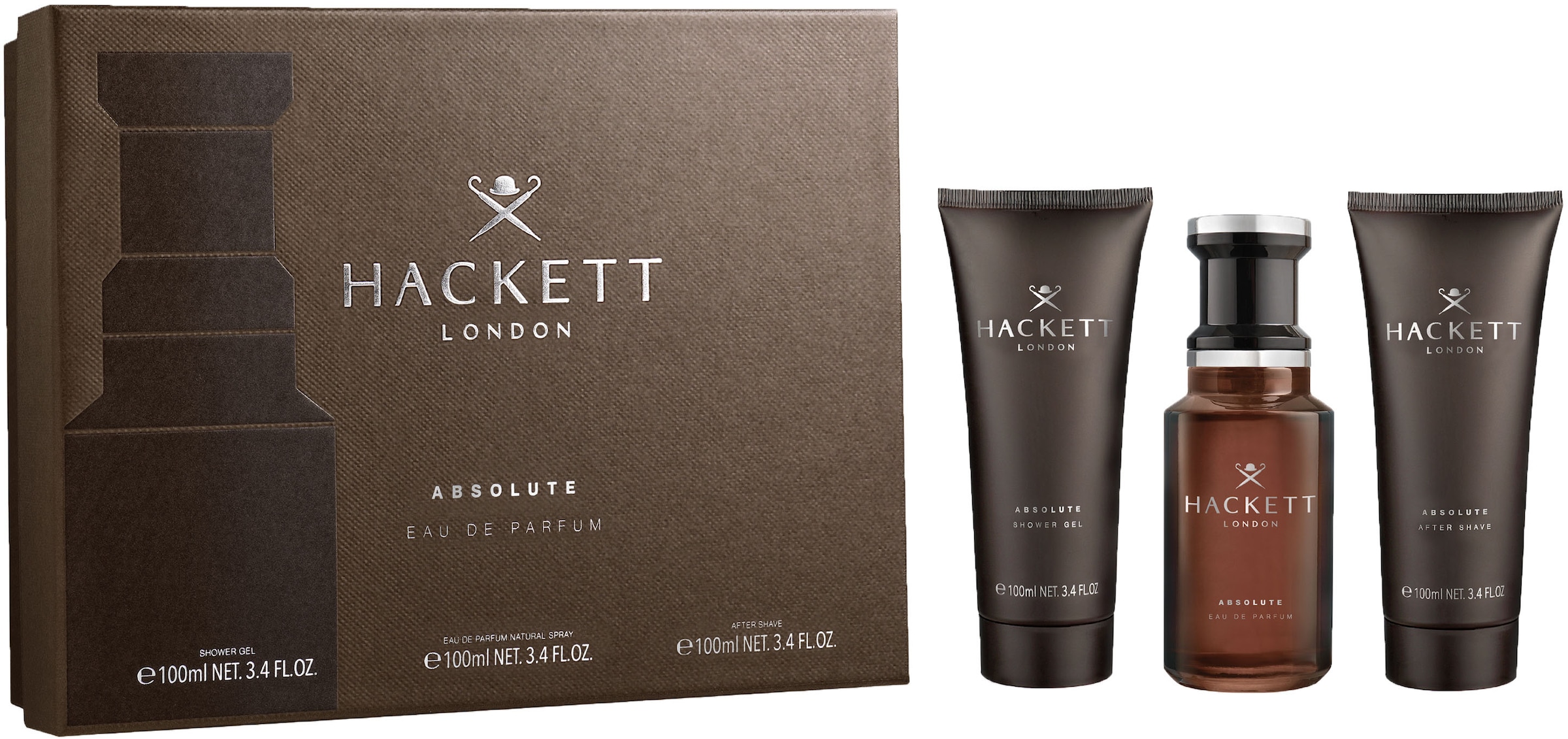 Hackett London Herren Duft-Set »HACKETT ESSENTIAL Gift Set 100ml EdP + SG 100ml + Pen Spray 10ml« Holzig-aromatischer Duft mit Tonkabohne, Leder...