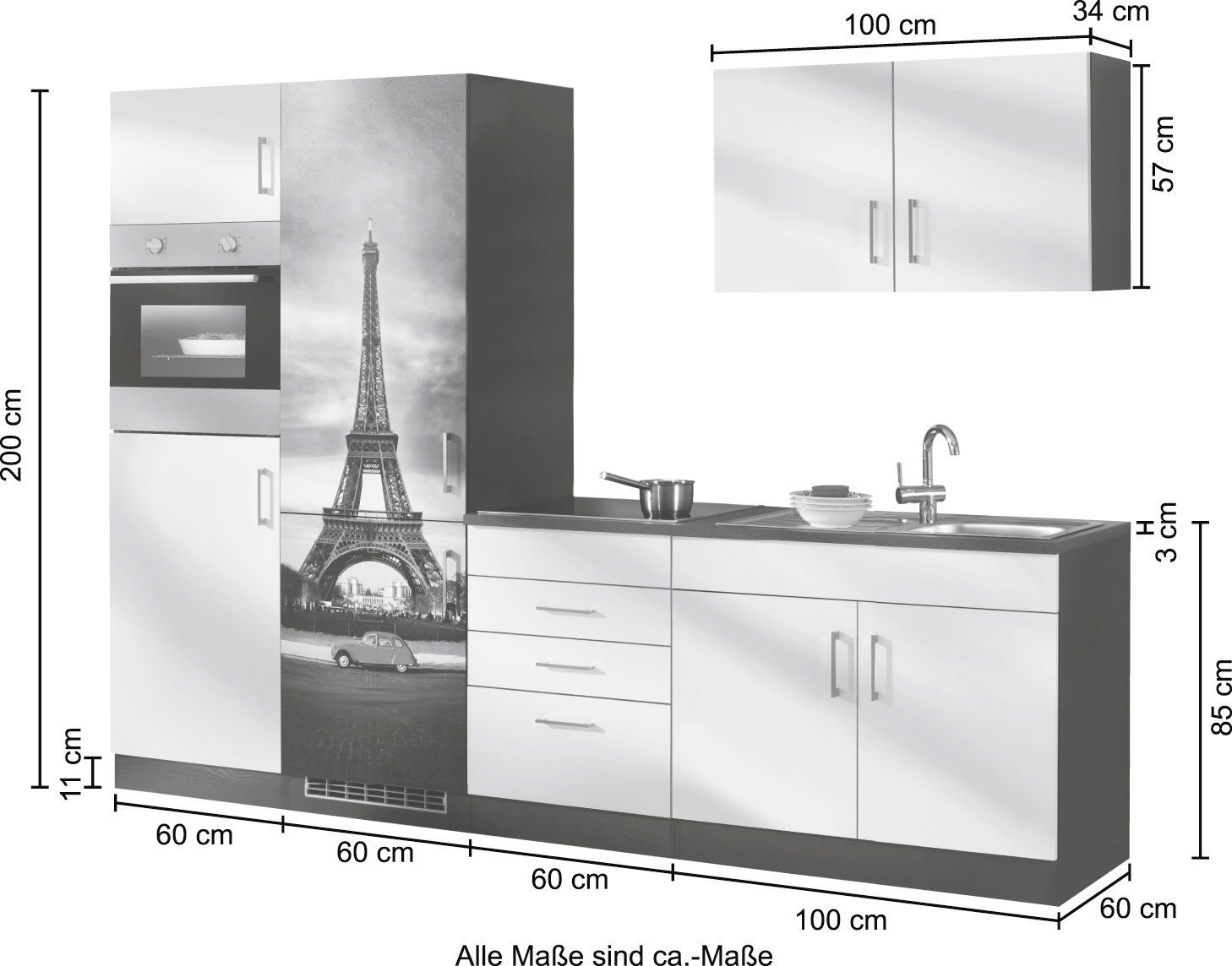 KOCHSTATION Küchenzeile »KS-Paris – Küchen mit einzigartigen Fotomotiven auf den Fronten« Breite 280 cm, wahlweise mit E-Geräten und Induktion