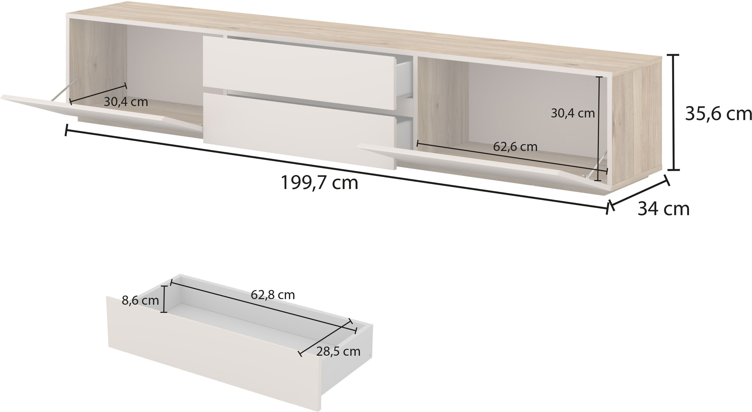 INOSIGN Lowboard »Criss, Breite 200 cm, moderne grifflose TV-Kommode«, TV-Kommode, TV-Schrank, hängend und stehend montierbar