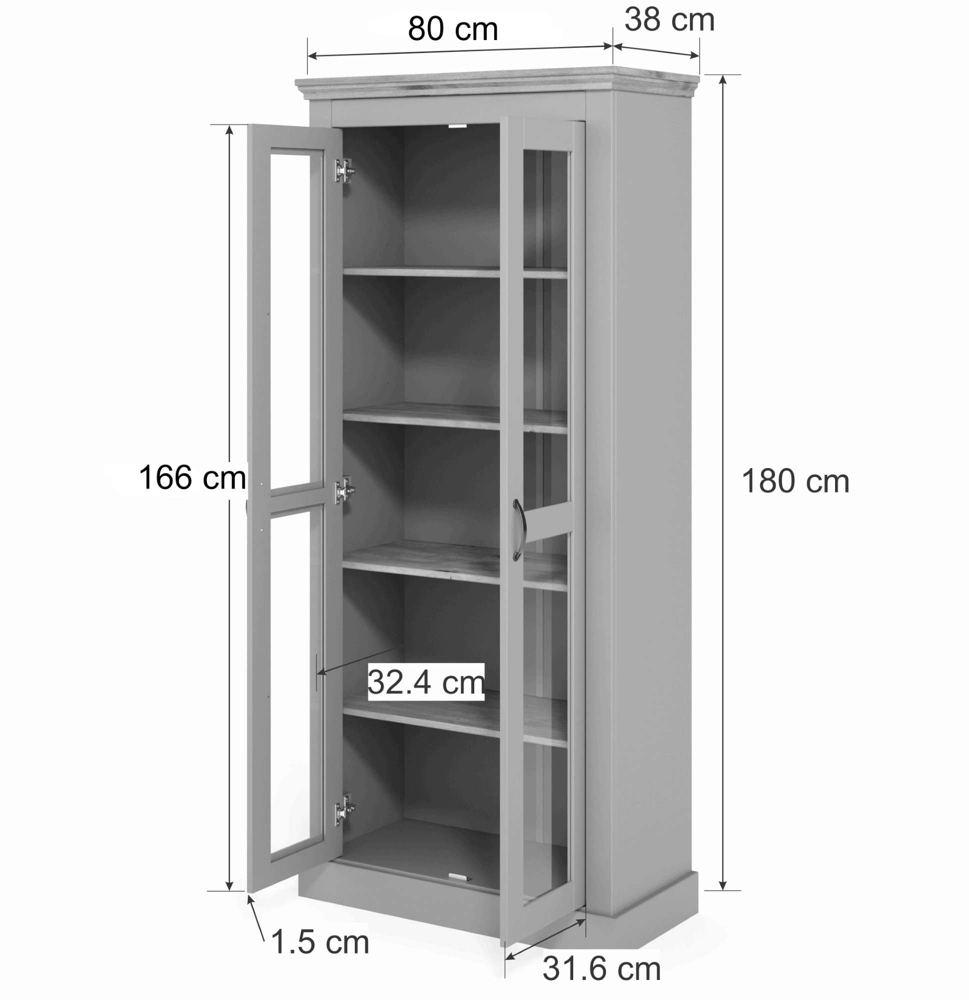 OTTO home Vitrine »Selma, Hochschrank, Standvitrine, Glasvitrine aus massivem Kiefernholz« FSC®, mit Griffen aus antikisiertem Metall, Höhe 180 cm