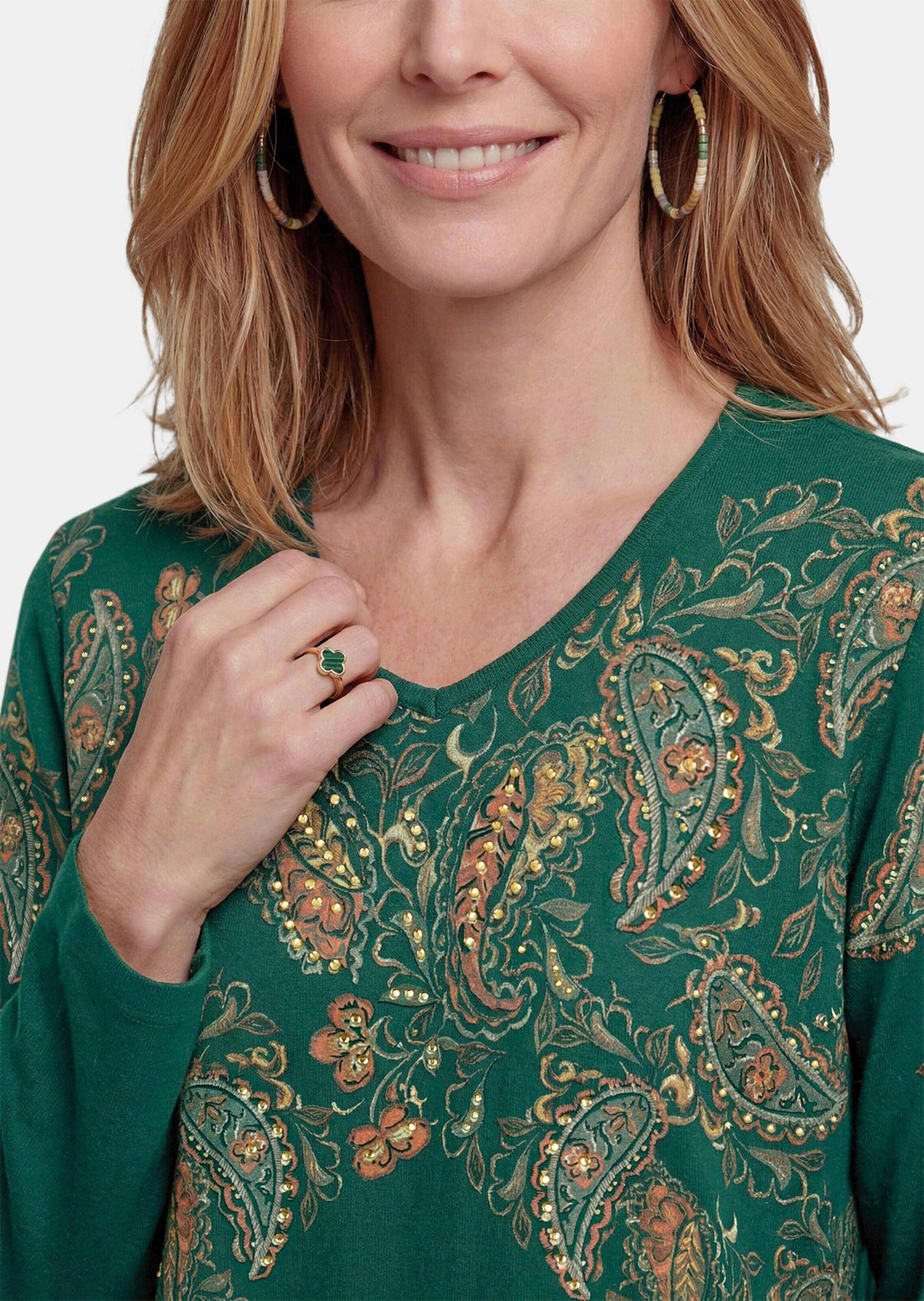 GOLDNER Print-Shirt »Kurzgröße Glitzershirt mit Paisley-Druck« stretchbequmer Viskosejersey