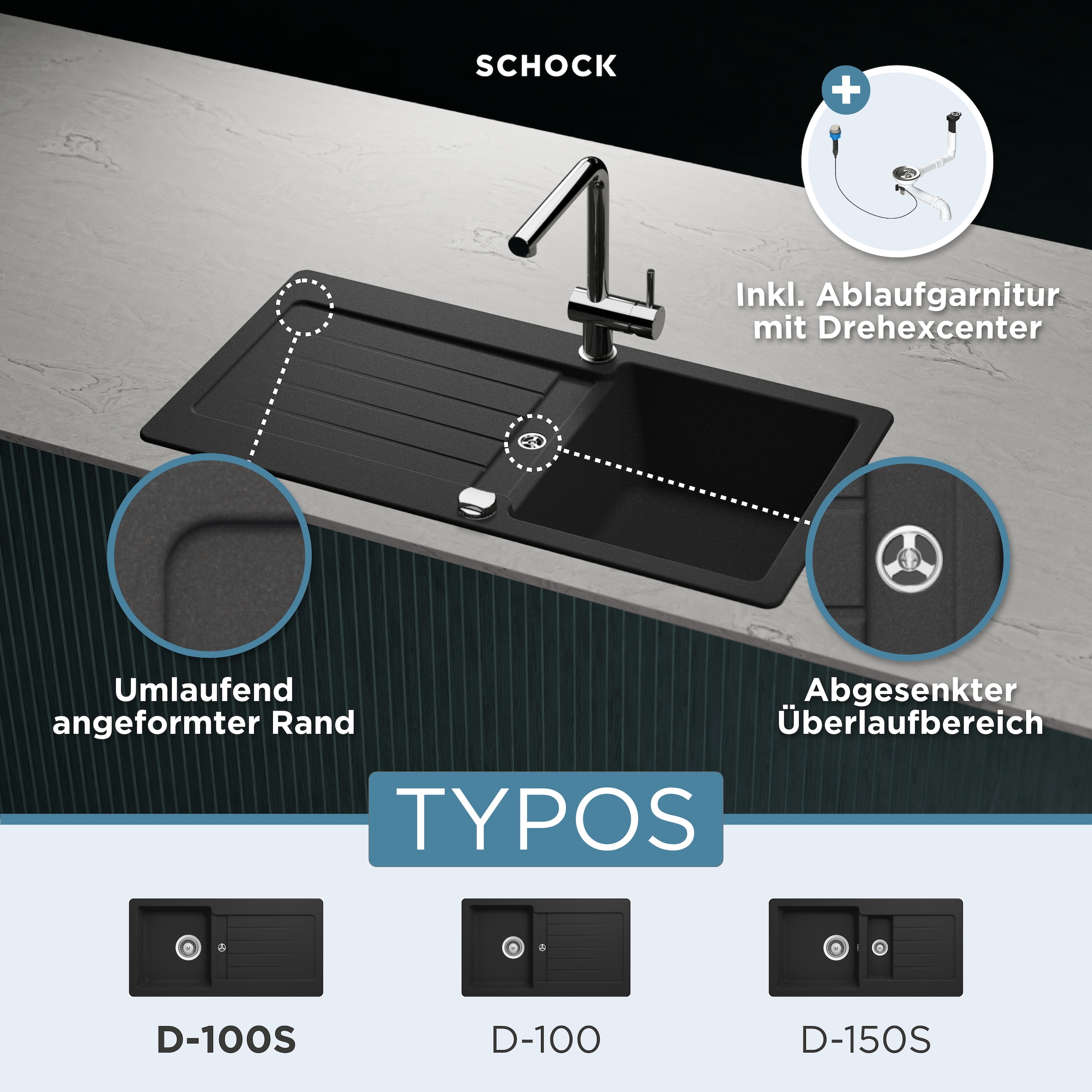 Schock Granitspüle »Typos D-100 S« mit Ablauf und Abtropffläche, links und rechts einbaubar