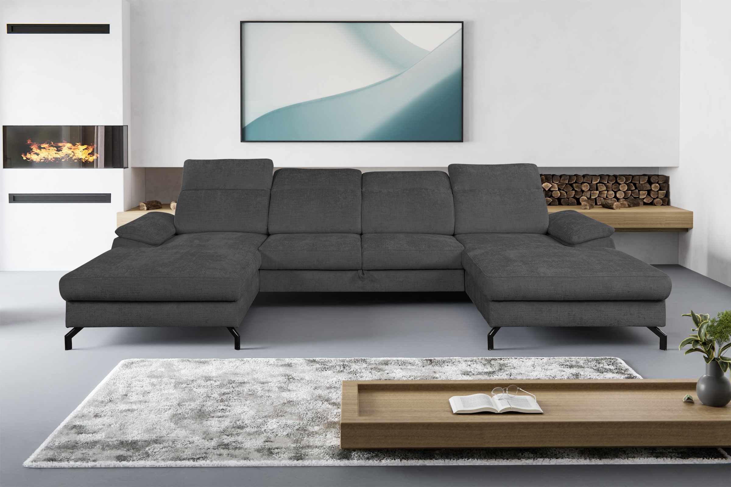 WERK2 Wohnlandschaft »Slavio U-Form«, Modernes U-Sofa mit Schlaffunktion, Bettkasten, Kopfteile verstellbar