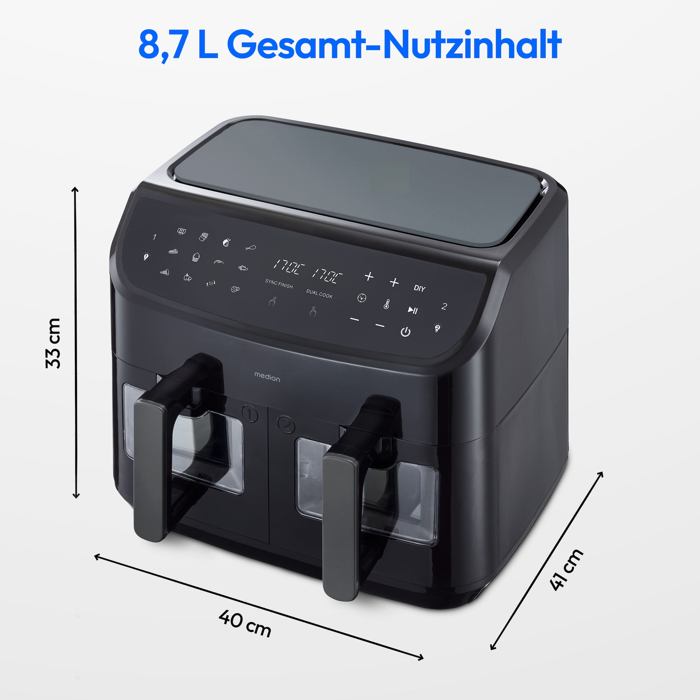 Medion® Heißluftfritteuse »MD 11760 P20XXL Twin«, 2400 W, Temperatur 50 - 200 °C, ILAG Beschichtung, Sync-Finish