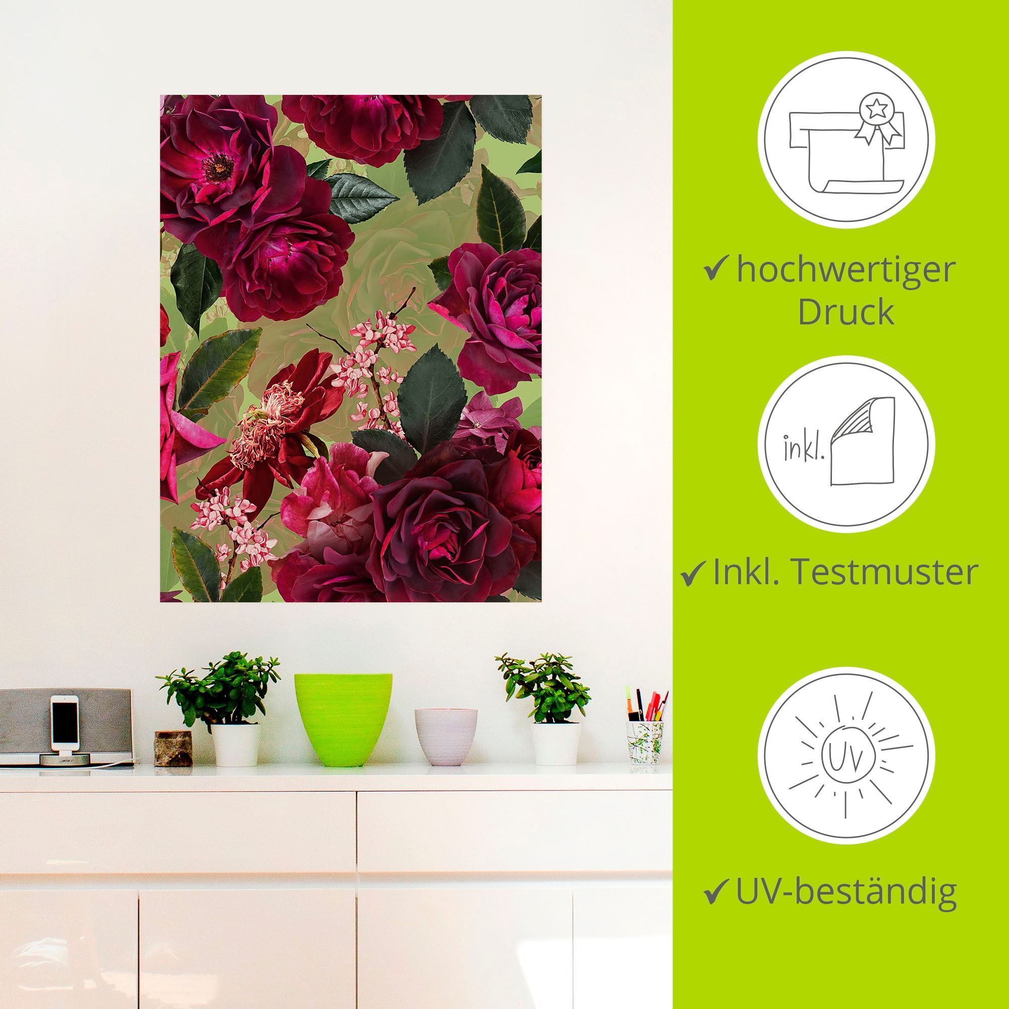 Artland Wandbild »Dunkle Rosen auf Grün«, Blumenbilder, (1 St.), als Alubild, Outdoorbild, Leinwandbild, Poster, Wandaufkleber