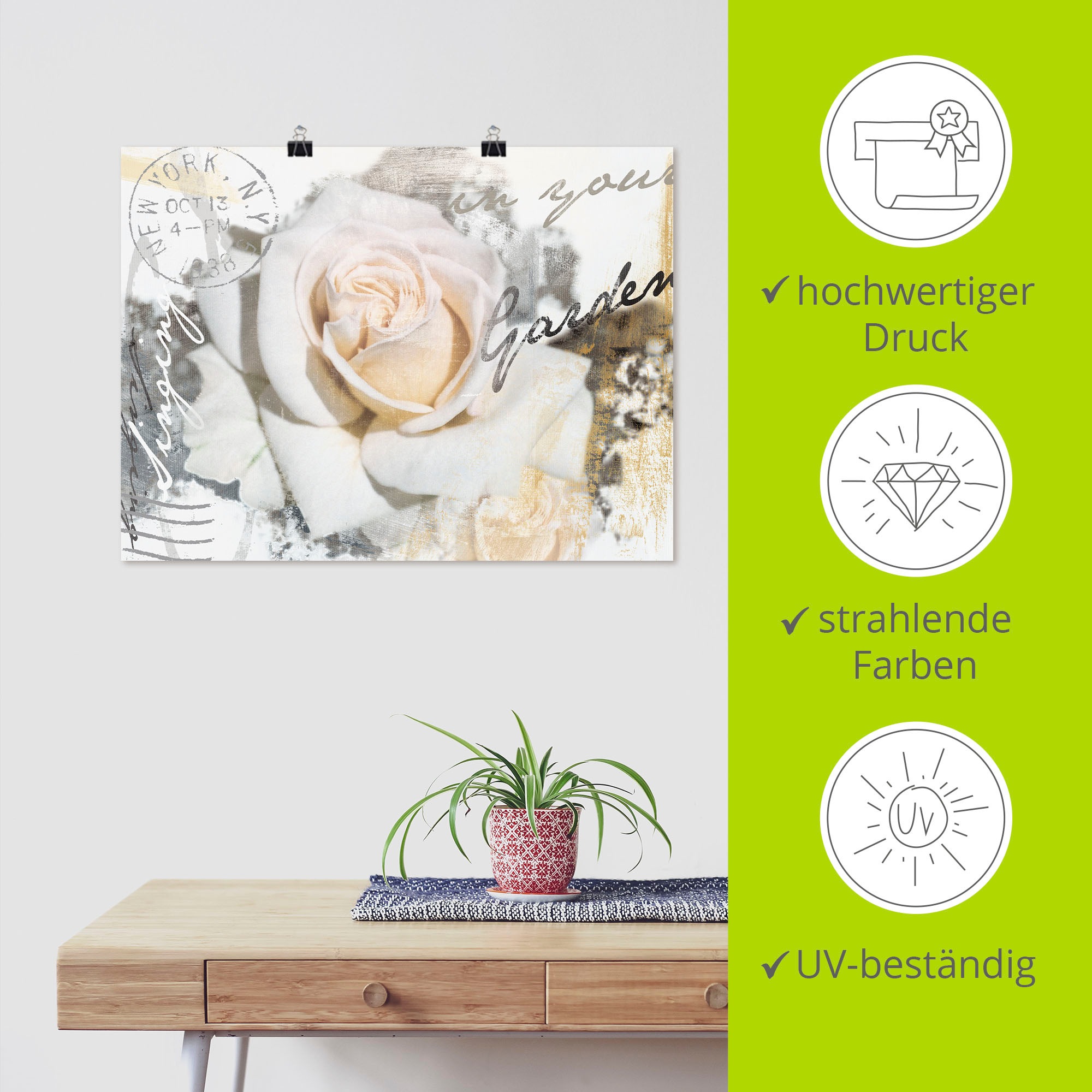 Artland Wandbild »In Buchstaben - Rose«, Blumen, (1 St.), als Leinwandbild, Poster, Wandaufkleber in verschied. Größen