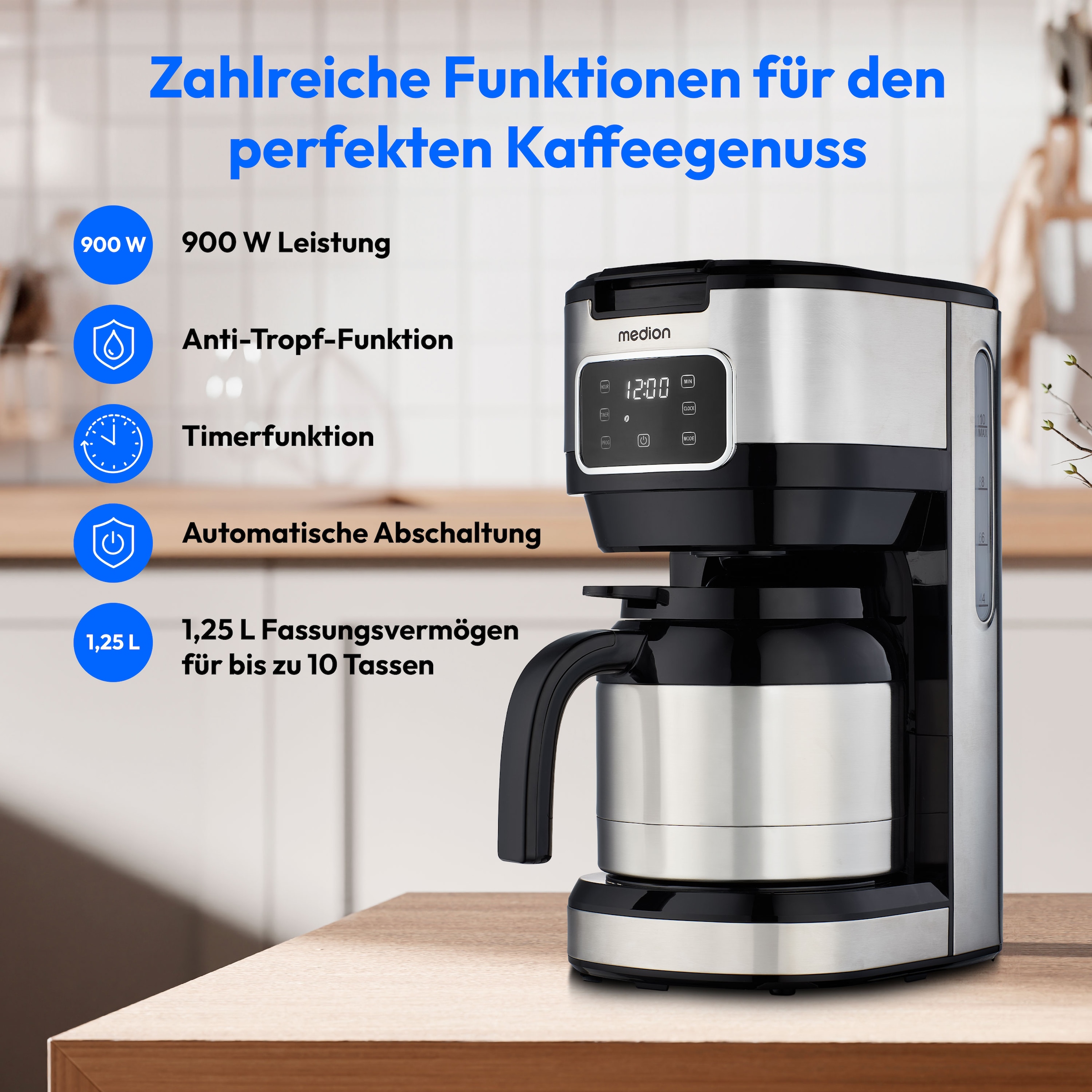 Medion® Filterkaffeemaschine »MD 11019«, 1,25 l Kaffeekanne, Permanentfilter, 900 Watt, Touch-Sensor-Bedienfeld, 24 Stunden Timer, Permanentfilter