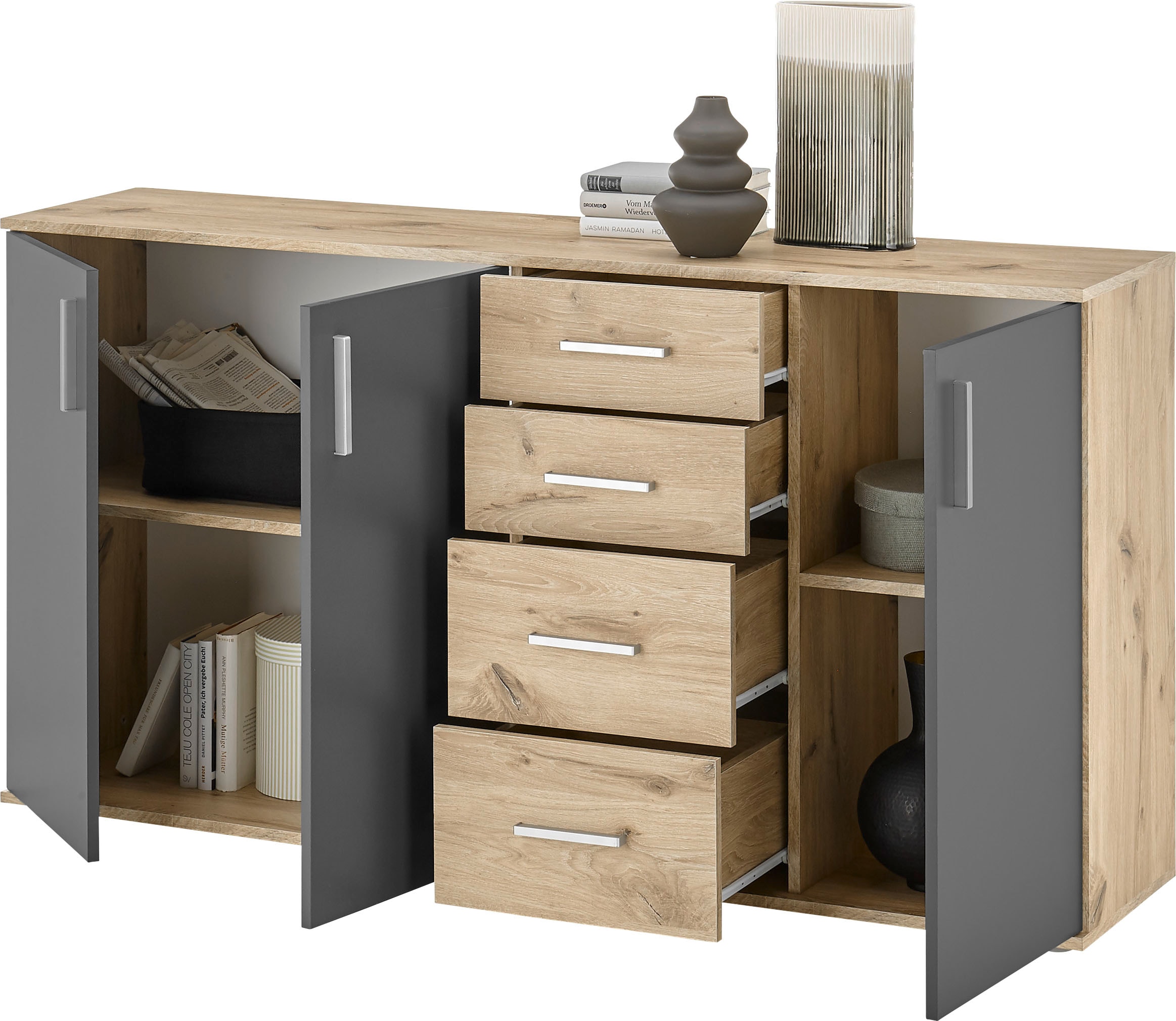 HBZ Kommode »BC-Drift-2, Sideboard Stellmaß BxHxT 160x84x35 cm«, (1 St.), Sideboard mit 3 Türen und 4 Schubkästen, 2 Einlegeböden