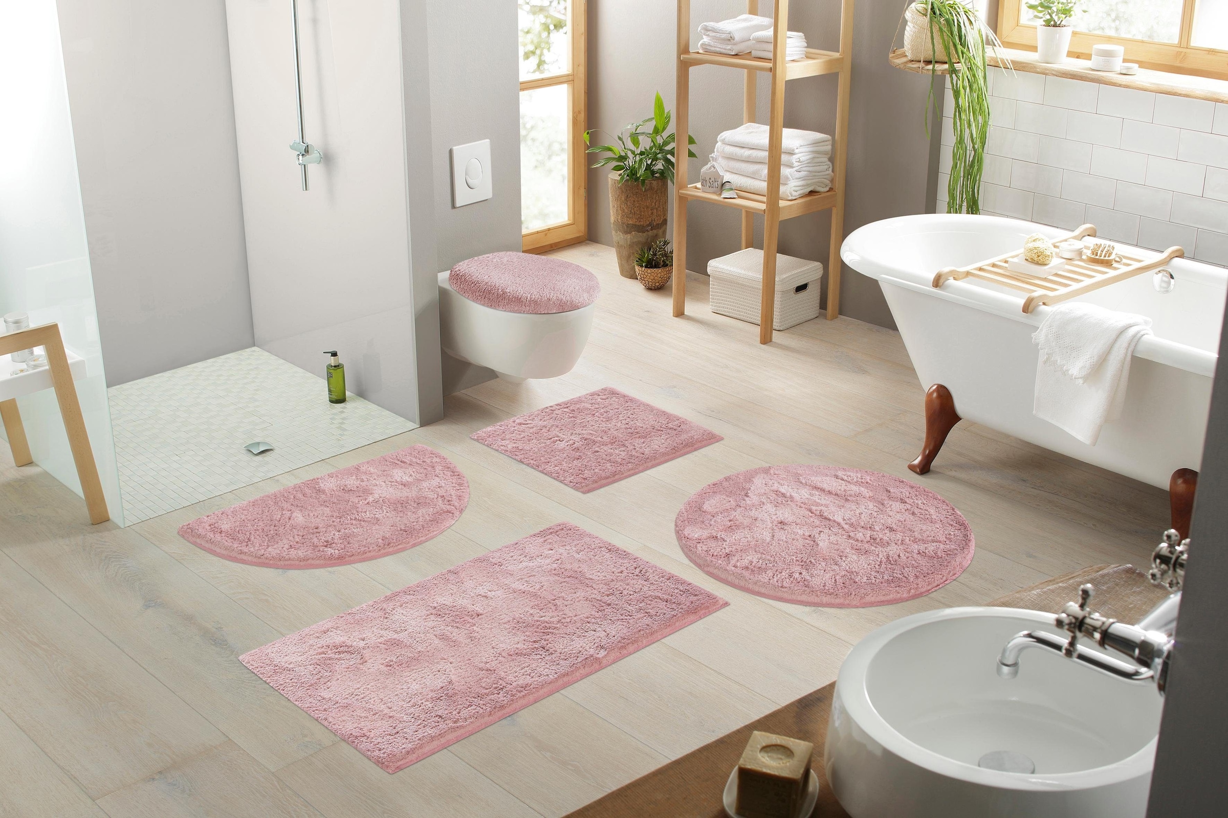 my home Badematte »Jos«, Höhe 22 mm, rutschhemmend beschichtet, fußbodenheizungsgeeignet-schnell trocknend, Badematten in Pastell-Farben, Badteppich als 3 teiliges Set erhältlich